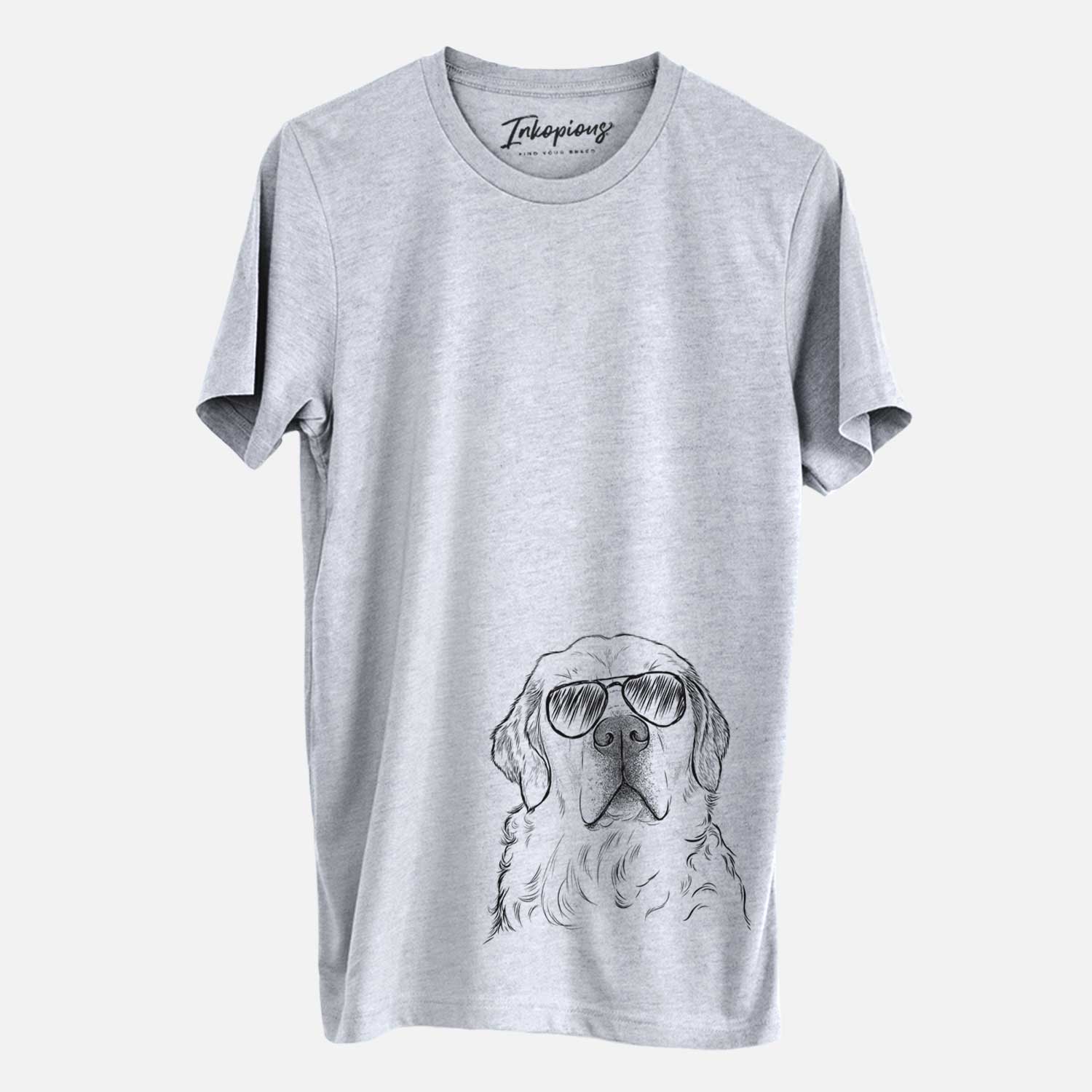 Hand-drawn sketch of Hank the Irish Cream Golden Retriever wearing aviator sunglasses on a Grey Unisex crewneck
