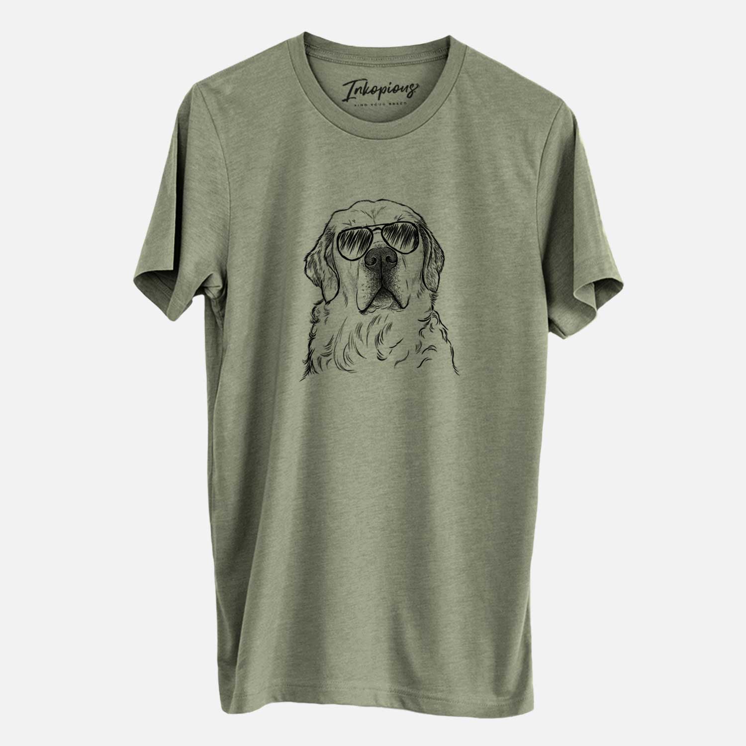 Hand-drawn sketch of Hank the Irish Cream Golden Retriever wearing aviator sunglasses on an Olive Unisex crewneck