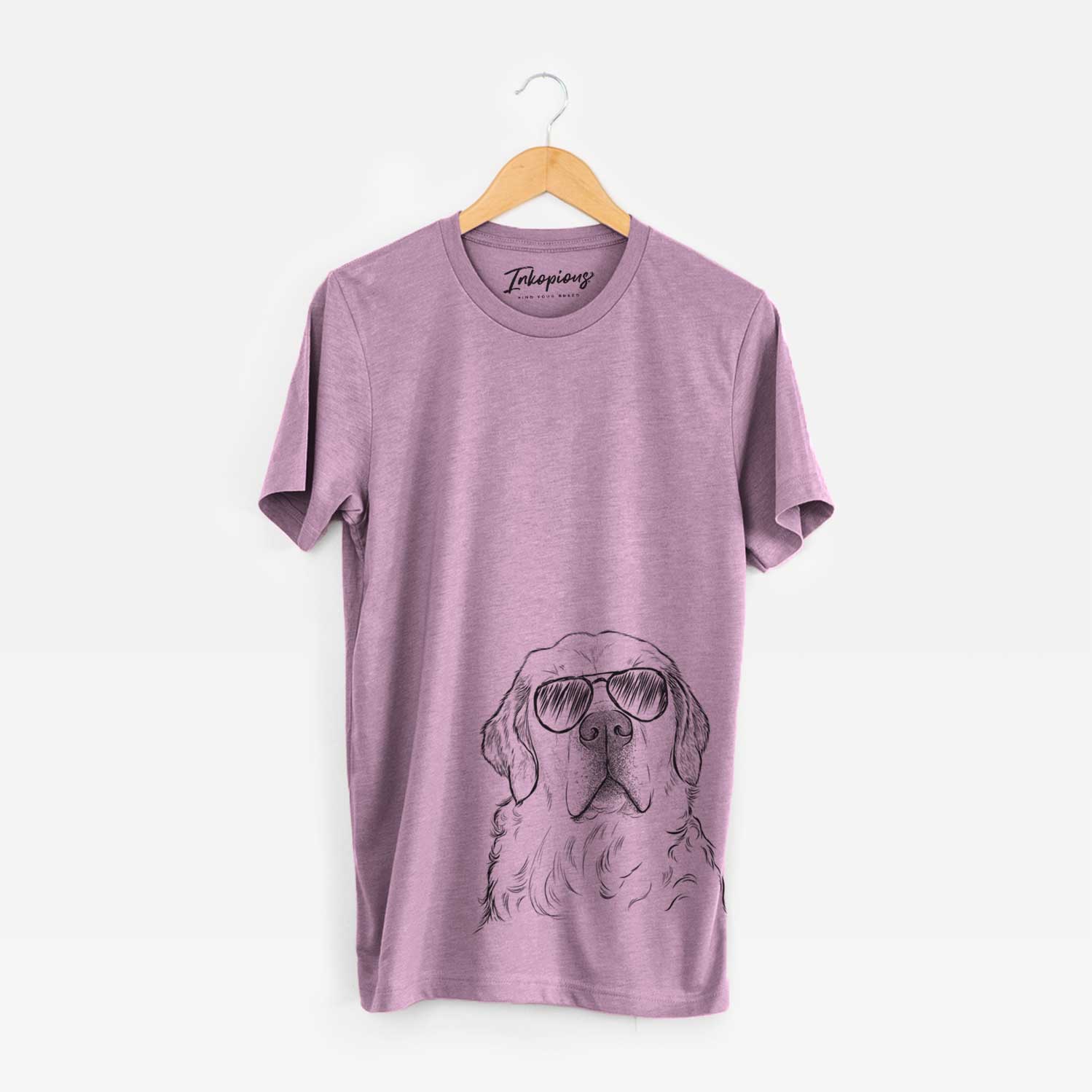 Hand-drawn sketch of Hank the Irish Cream Golden Retriever wearing aviator sunglasses on an Orchid Unisex crewneck