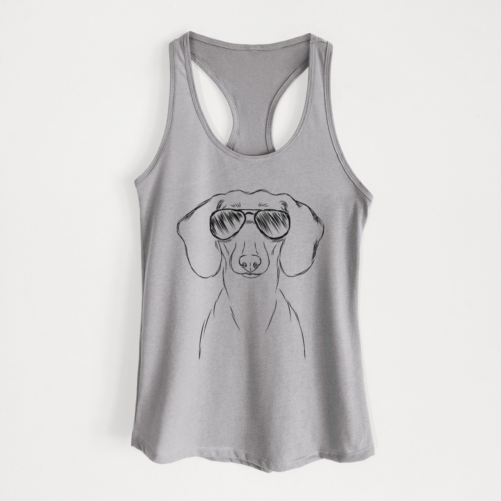 Hand-drawn sketch of Hans the Dachshund wearing aviator sunglasses on a Heather Grey Women's racerback tanktop