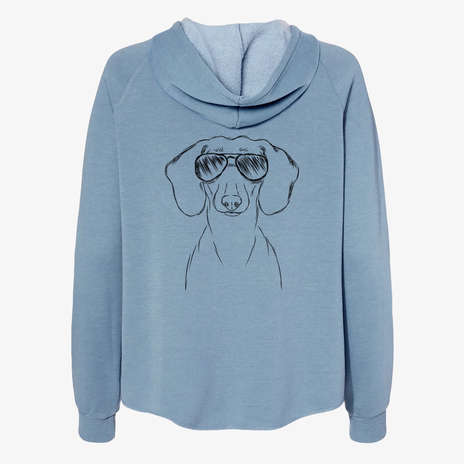 Hand-drawn sketch of Hans the Dachshund wearing aviator sunglasses on a Misty Blue Women's cali wave zip-up sweatshirt