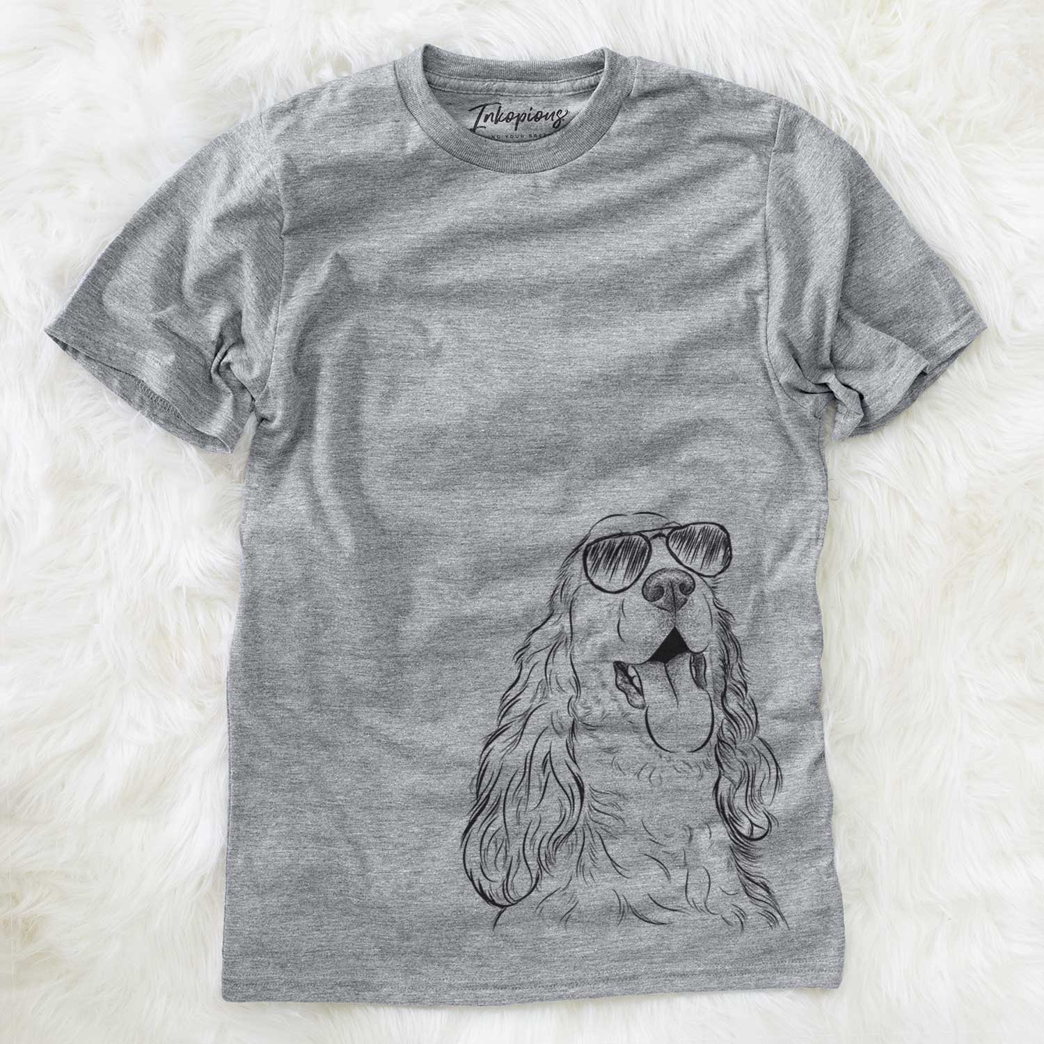 Hand-drawn sketch of Happy Henry the English Cocker Spaniel wearing aviator sunglasses on a Grey Unisex crewneck