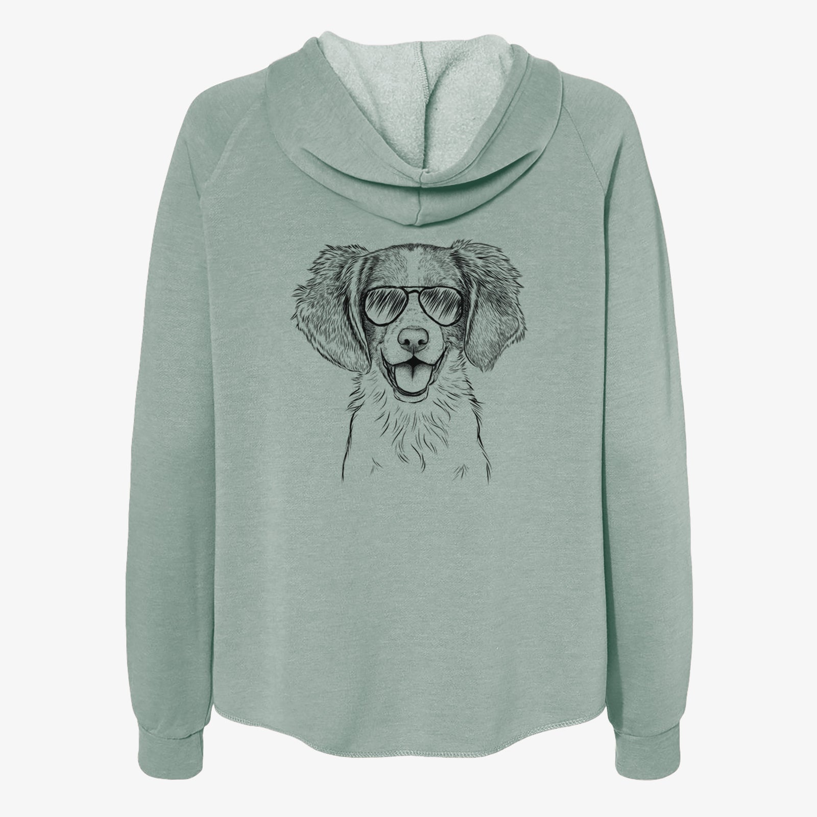 Hand-drawn sketch of Happy Holly the Brittany Spaniel wearing aviator sunglasses on a Sage Women's cali wave zip-up sweatshirt