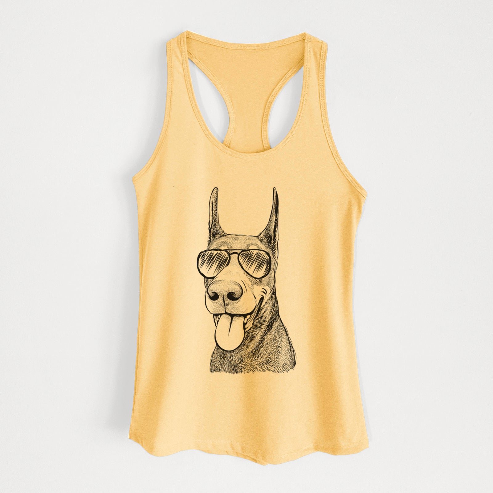 Hand-drawn sketch of Happy Sunny the Doberman Pinscher wearing aviator sunglasses on a Banana Cream Women's racerback tanktop