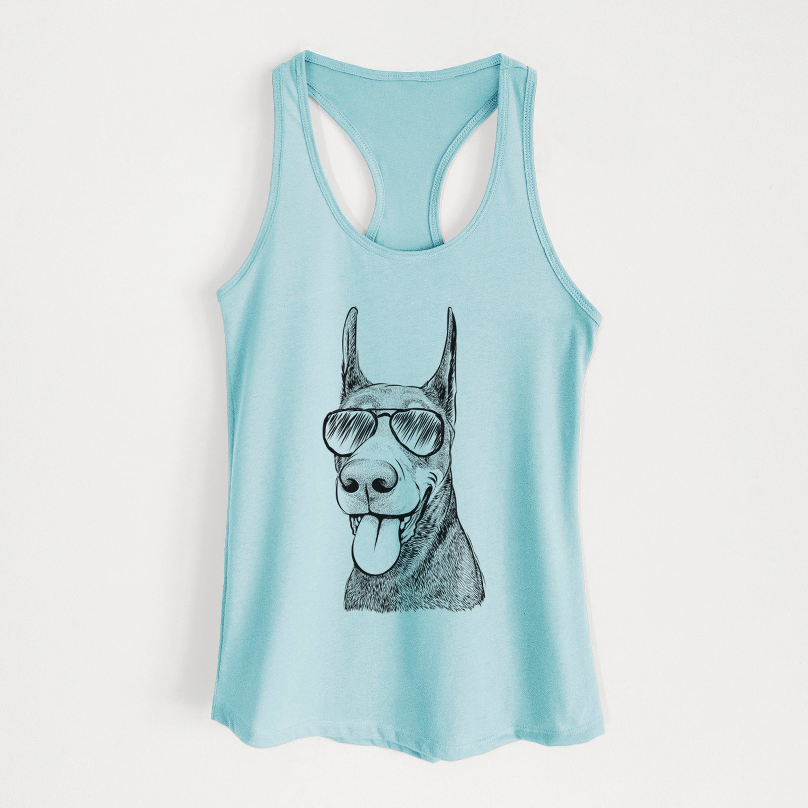 Hand-drawn sketch of Happy Sunny the Doberman Pinscher wearing aviator sunglasses on a Cancun Blue Women's racerback tanktop