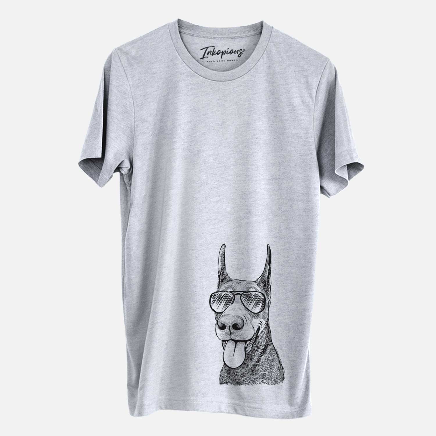 Hand-drawn sketch of Happy Sunny the Doberman Pinscher wearing aviator sunglasses on a Grey Unisex crewneck