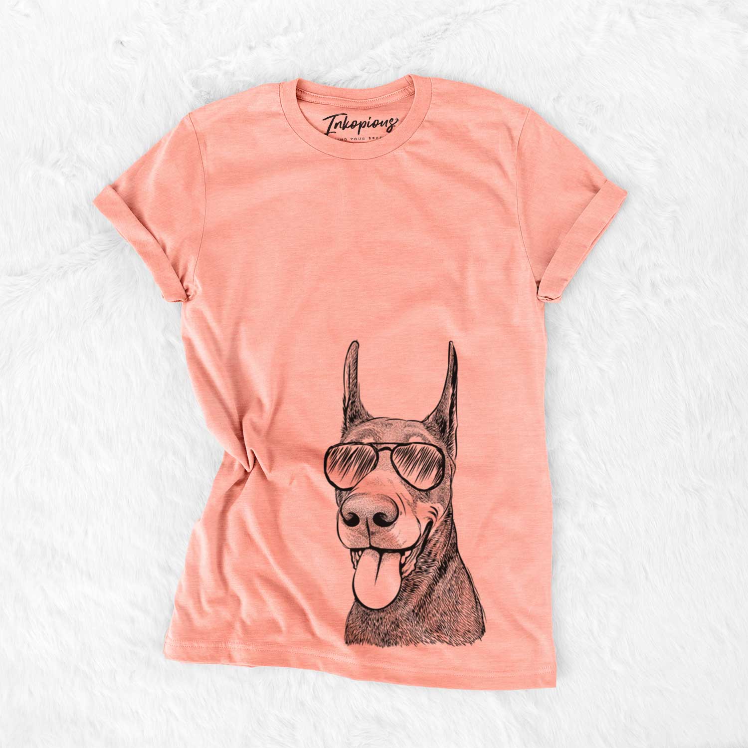 Hand-drawn sketch of Happy Sunny the Doberman Pinscher wearing aviator sunglasses on a Sunset Bella Canvas Unisex Crewneck