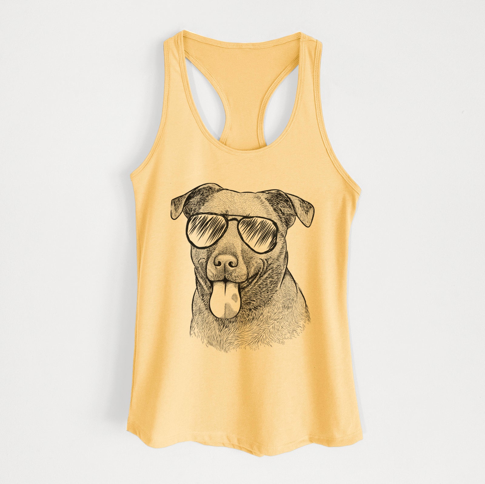 Hand-drawn sketch of Harbor the Mixed Breed wearing aviator sunglasses on a Banana Cream Women's racerback tanktop