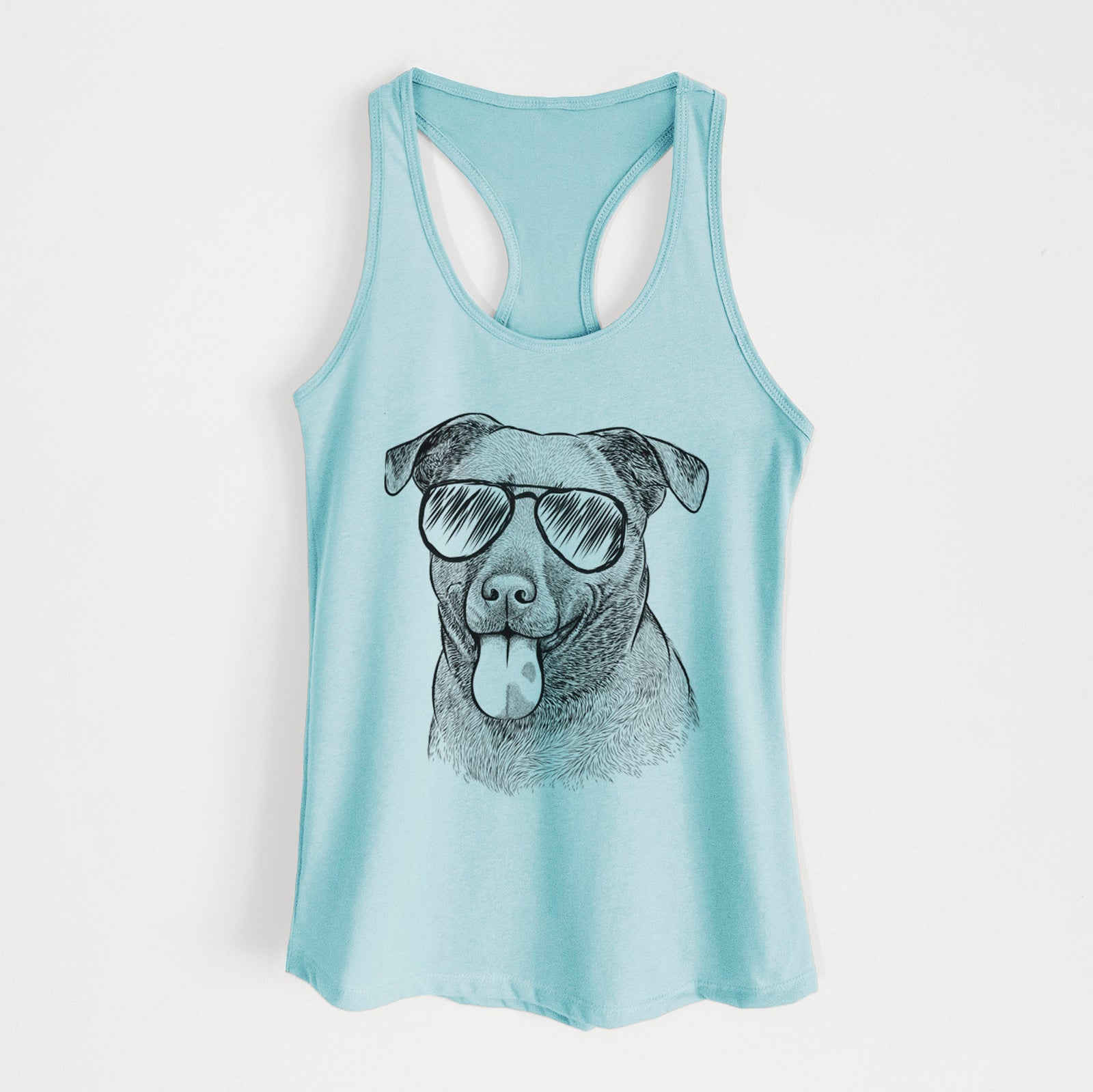 Hand-drawn sketch of Harbor the Mixed Breed wearing aviator sunglasses on a Cancun Blue Women's racerback tanktop