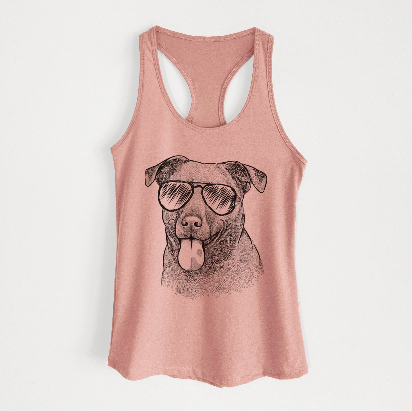 Hand-drawn sketch of Harbor the Mixed Breed wearing aviator sunglasses on a Desert Pink Women's racerback tanktop