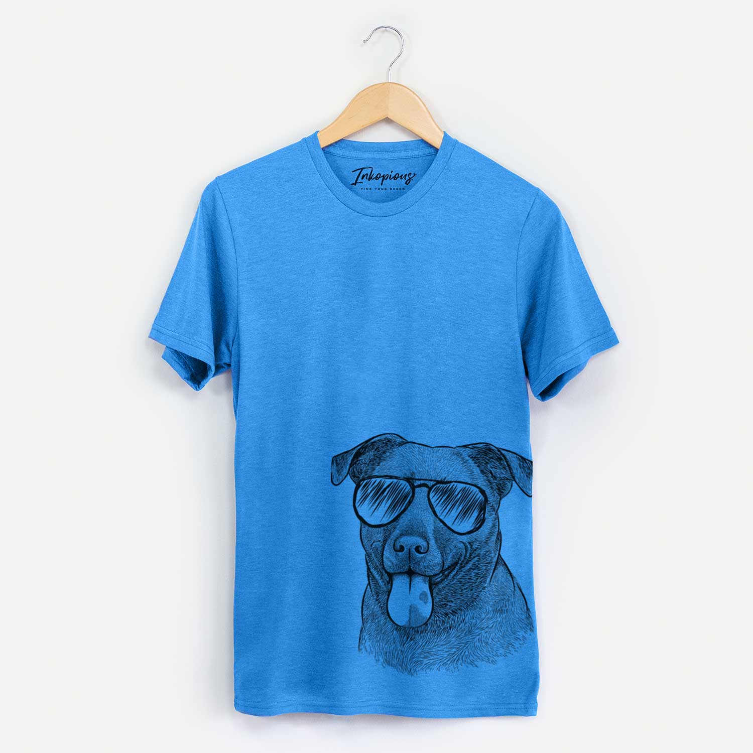 Hand-drawn sketch of Harbor the Mixed Breed wearing aviator sunglasses on a Blue Unisex crewneck