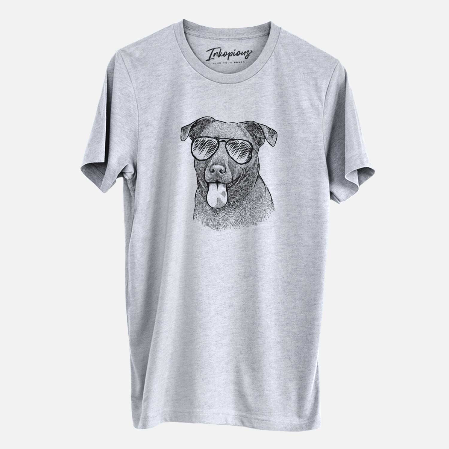 Hand-drawn sketch of Harbor the Mixed Breed wearing aviator sunglasses on a Grey Unisex crewneck