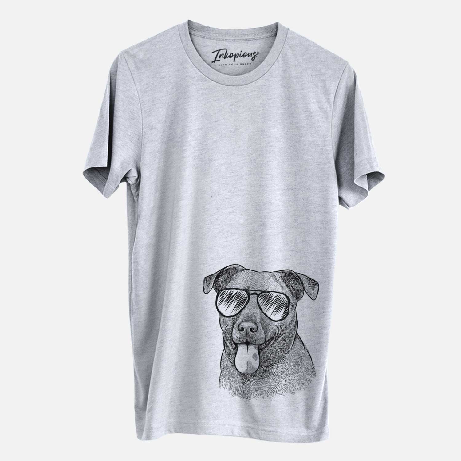 Hand-drawn sketch of Harbor the Mixed Breed wearing aviator sunglasses on a Grey Unisex crewneck