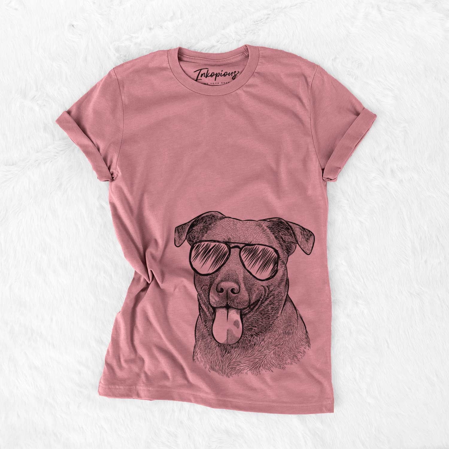 Hand-drawn sketch of Harbor the Mixed Breed wearing aviator sunglasses on a Mauve Unisex crewneck
