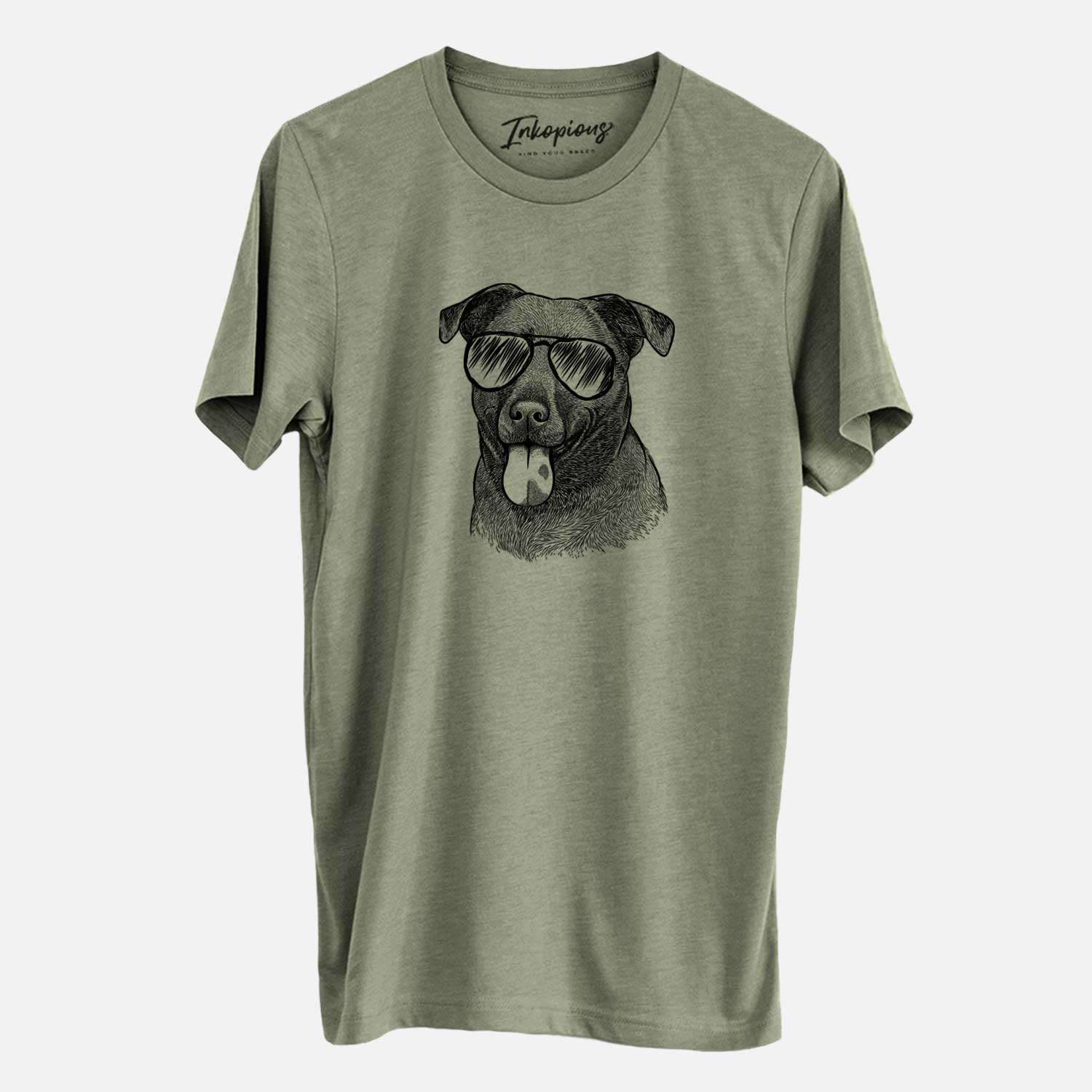 Hand-drawn sketch of Harbor the Mixed Breed wearing aviator sunglasses on an Olive Unisex crewneck