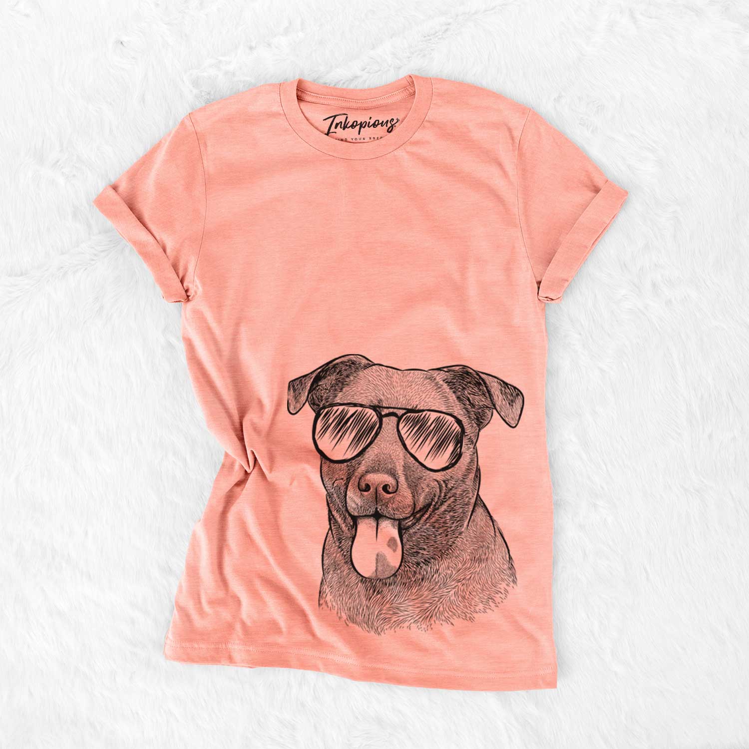 Hand-drawn sketch of Harbor the Mixed Breed wearing aviator sunglasses on a Sunset Bella Canvas Unisex Crewneck