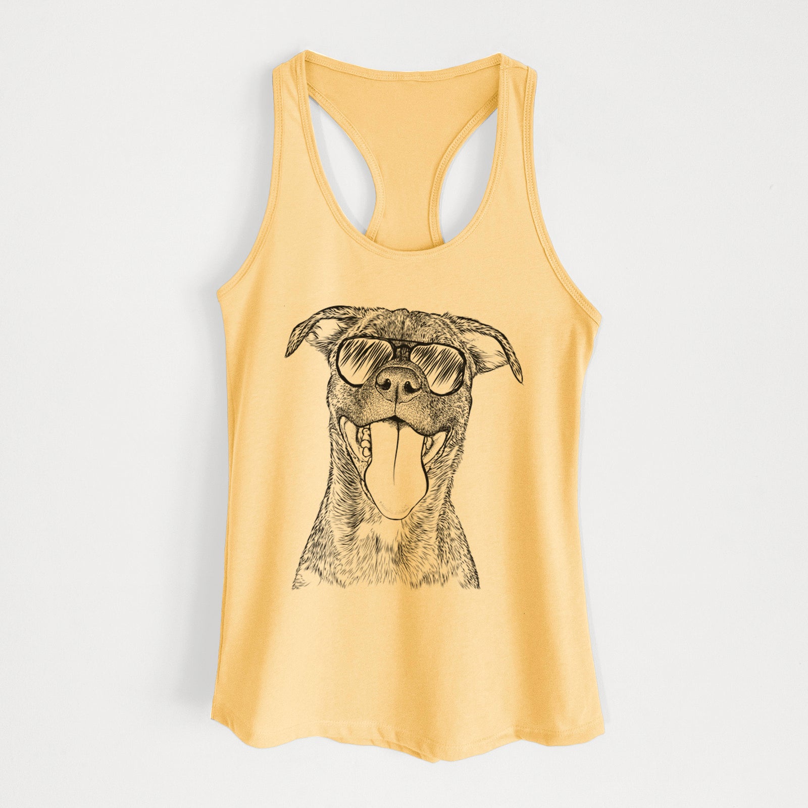 Hand-drawn sketch of Harley the Pitbull Mix wearing aviator sunglasses on a Banana Cream Women's racerback tanktop