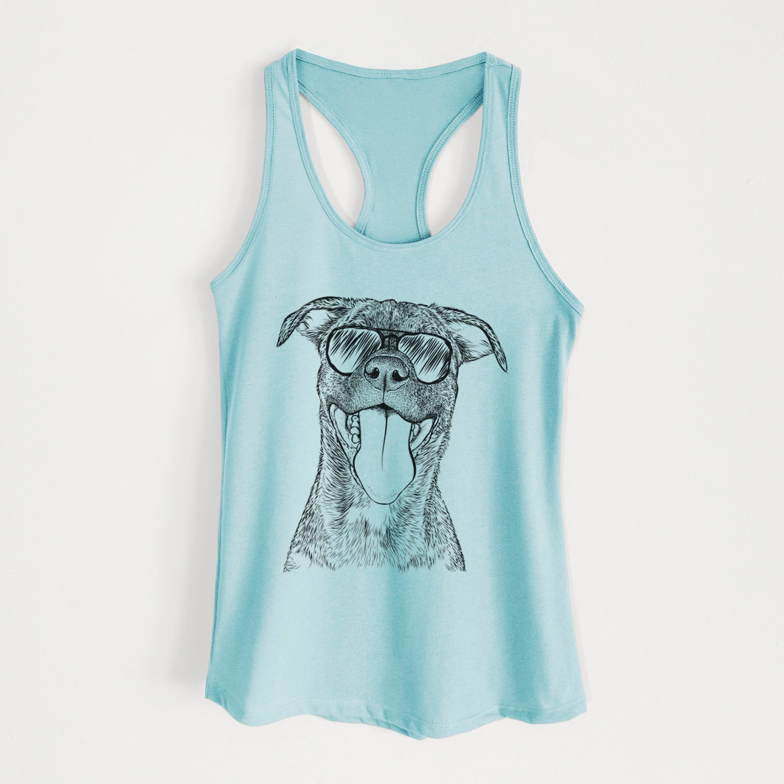 Hand-drawn sketch of Harley the Pitbull Mix wearing aviator sunglasses on a Cancun Blue Women's racerback tanktop