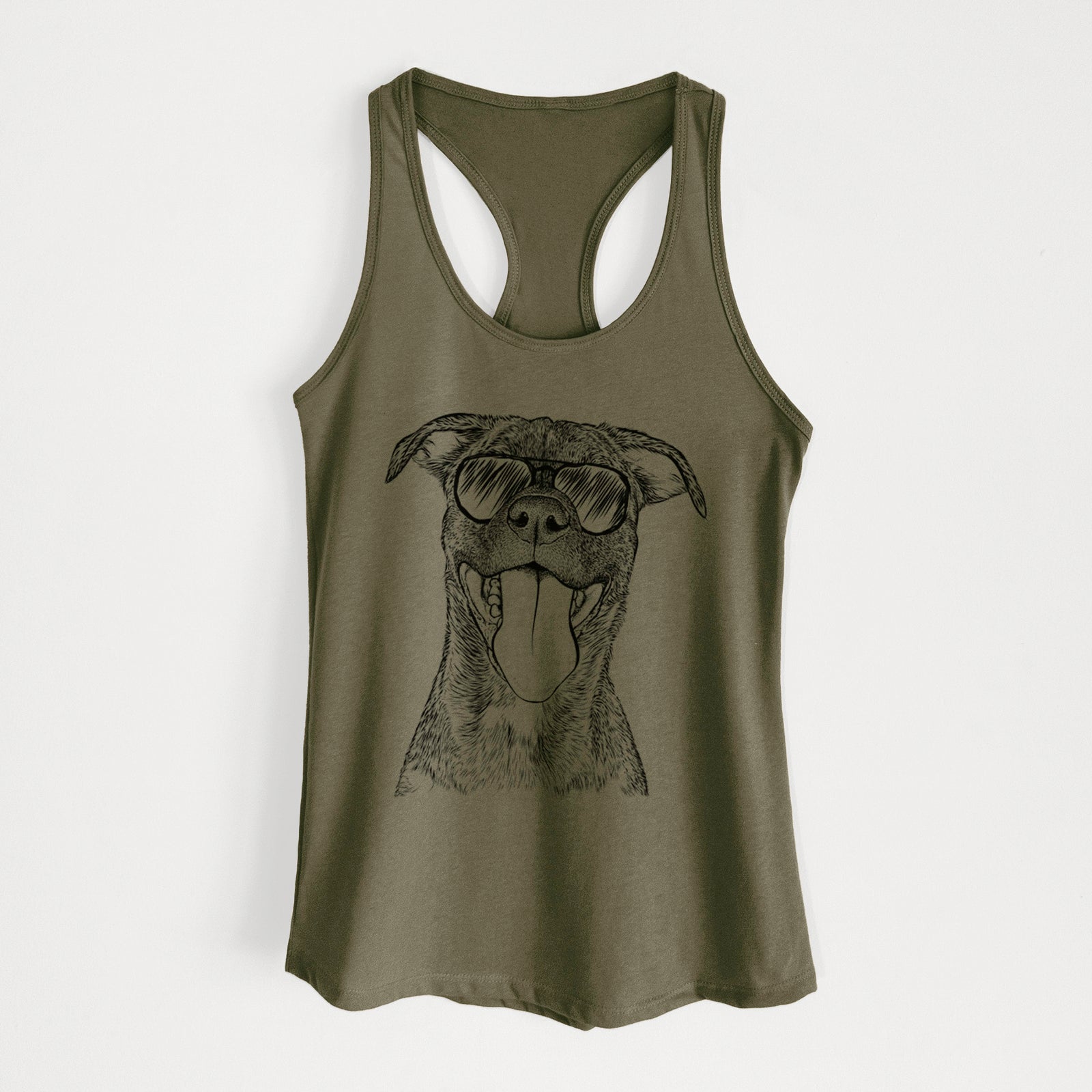 Hand-drawn sketch of Harley the Pitbull Mix wearing aviator sunglasses on a Military Green Women's racerback tanktop