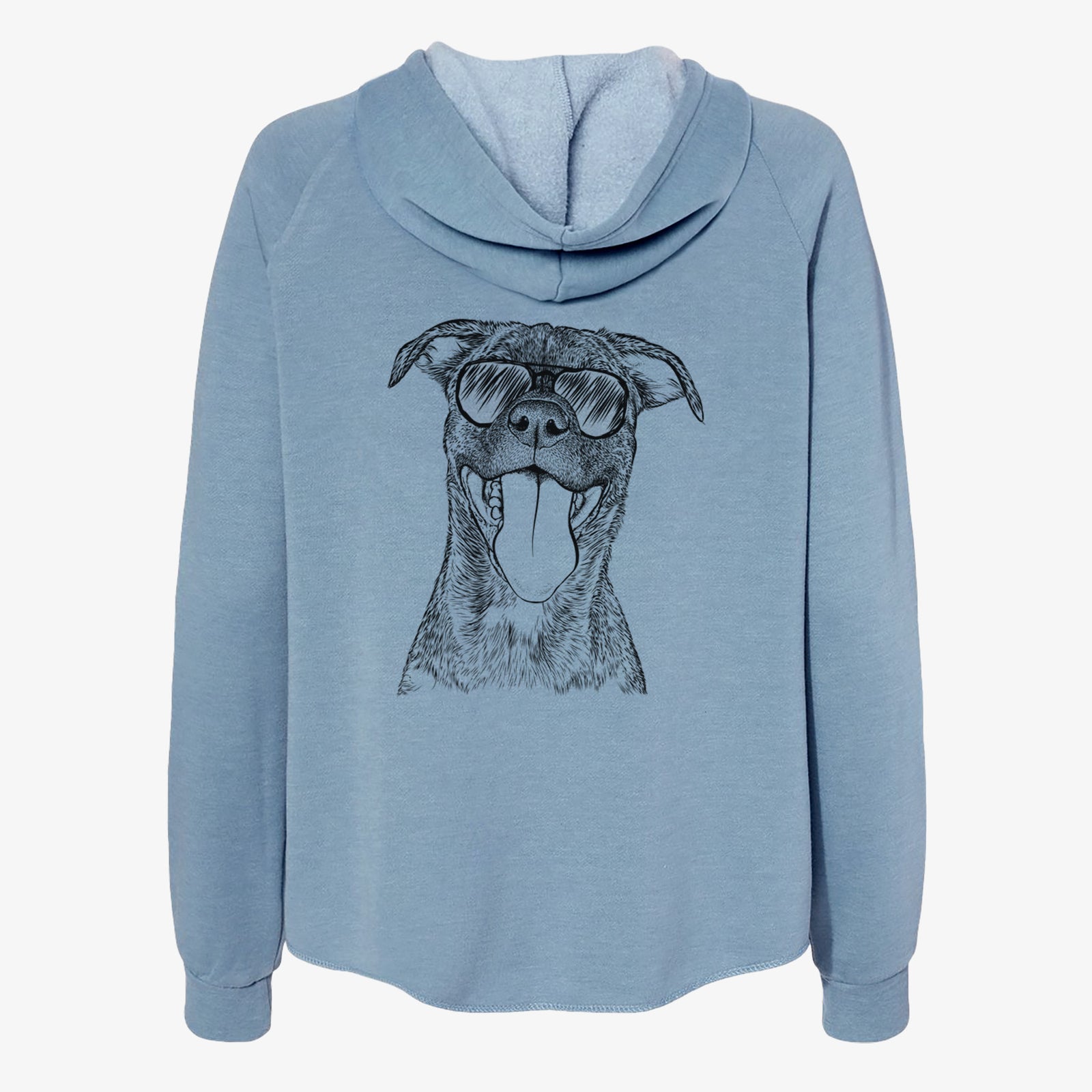 Hand-drawn sketch of Harley the Pitbull Mix wearing aviator sunglasses on a Misty Blue Women's cali wave zip-up sweatshirt