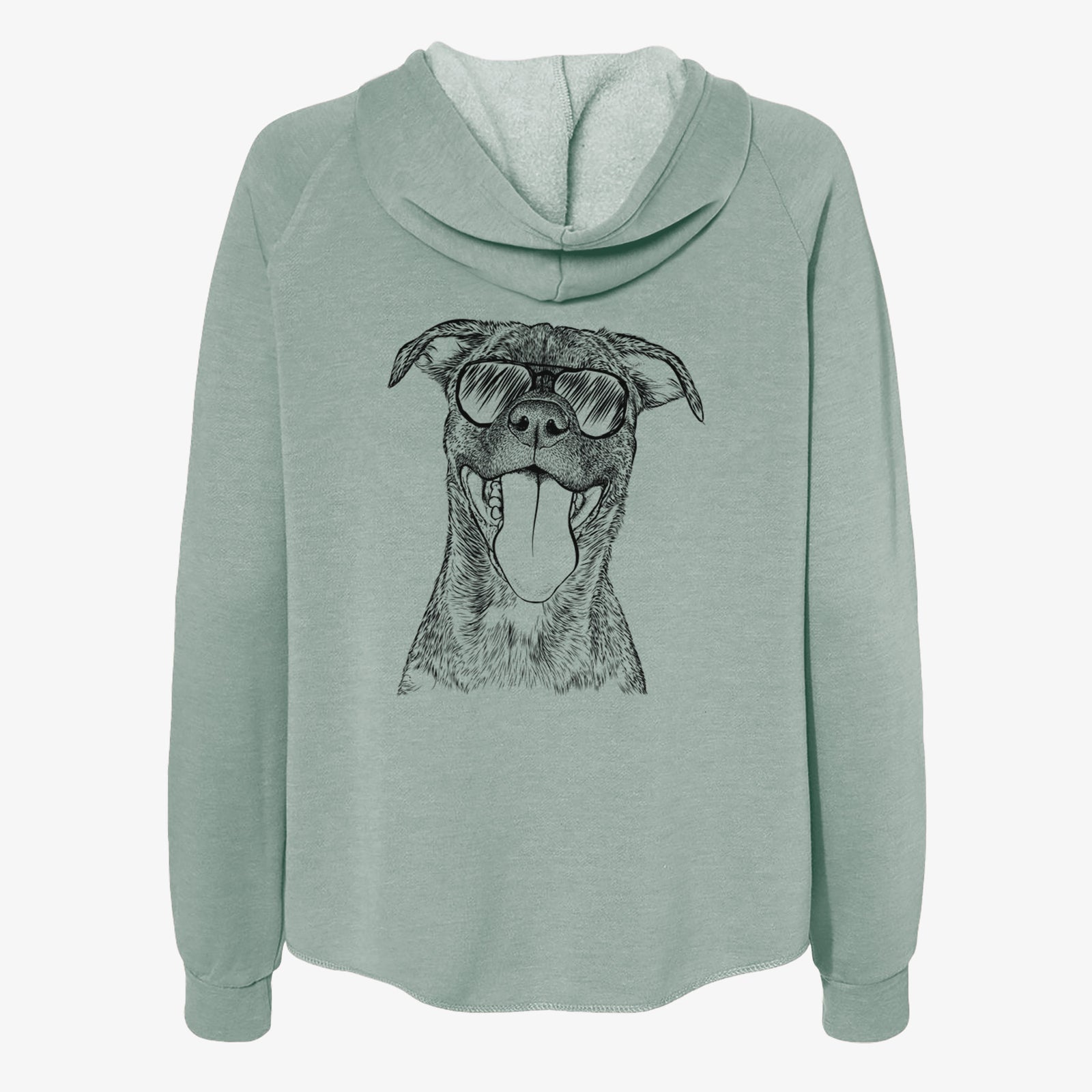 Hand-drawn sketch of Harley the Pitbull Mix wearing aviator sunglasses on a Sage Women's cali wave zip-up sweatshirt