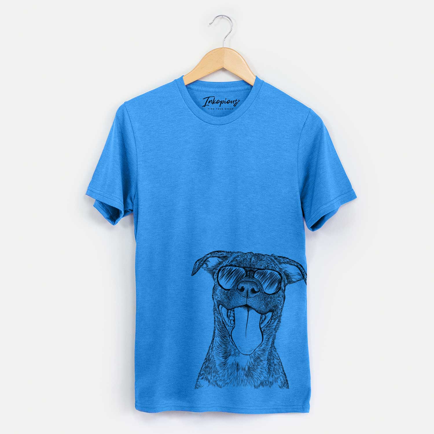 Hand-drawn sketch of Harley the Pitbull Mix wearing aviator sunglasses on a Blue Unisex crewneck