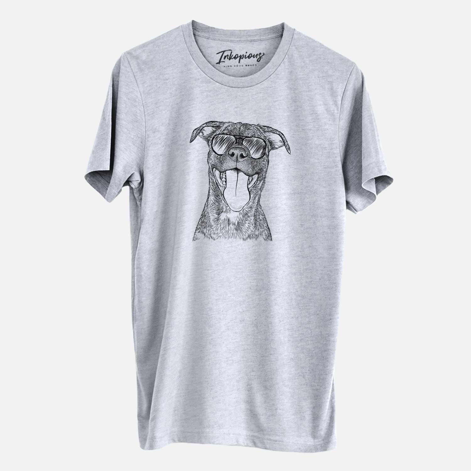 Hand-drawn sketch of Harley the Pitbull Mix wearing aviator sunglasses on a Grey Unisex crewneck