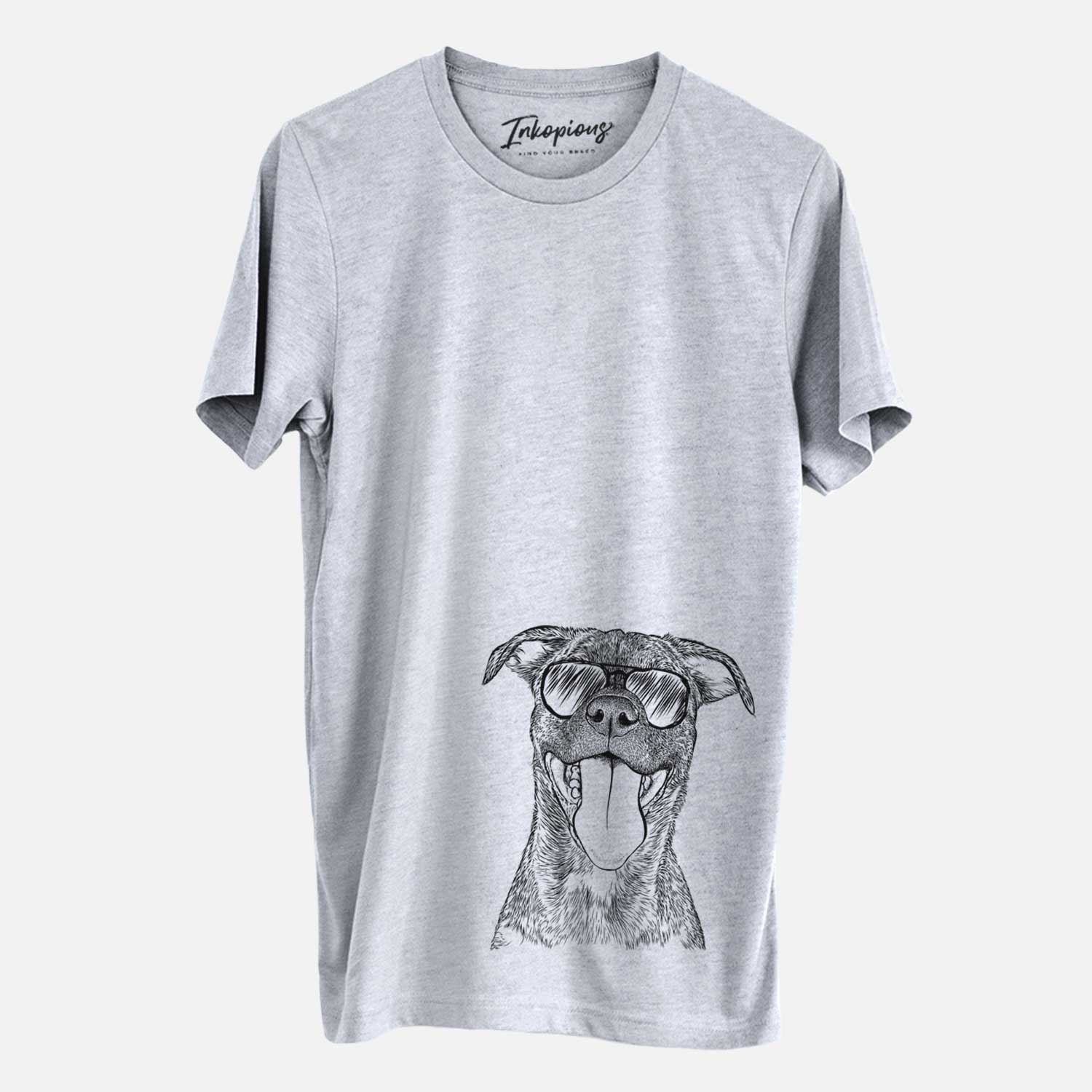 Hand-drawn sketch of Harley the Pitbull Mix wearing aviator sunglasses on a Grey Unisex crewneck