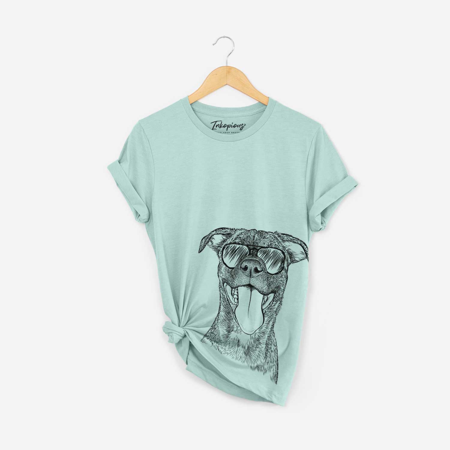 Hand-drawn sketch of Harley the Pitbull Mix wearing aviator sunglasses on a Heather Sage Bella Canvas Unisex Crewneck