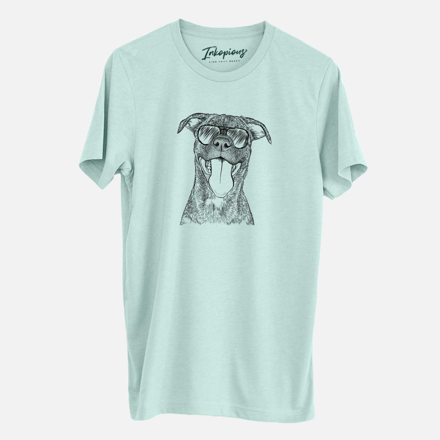 Hand-drawn sketch of Harley the Pitbull Mix wearing aviator sunglasses on a Heather Sage Unisex crewneck
