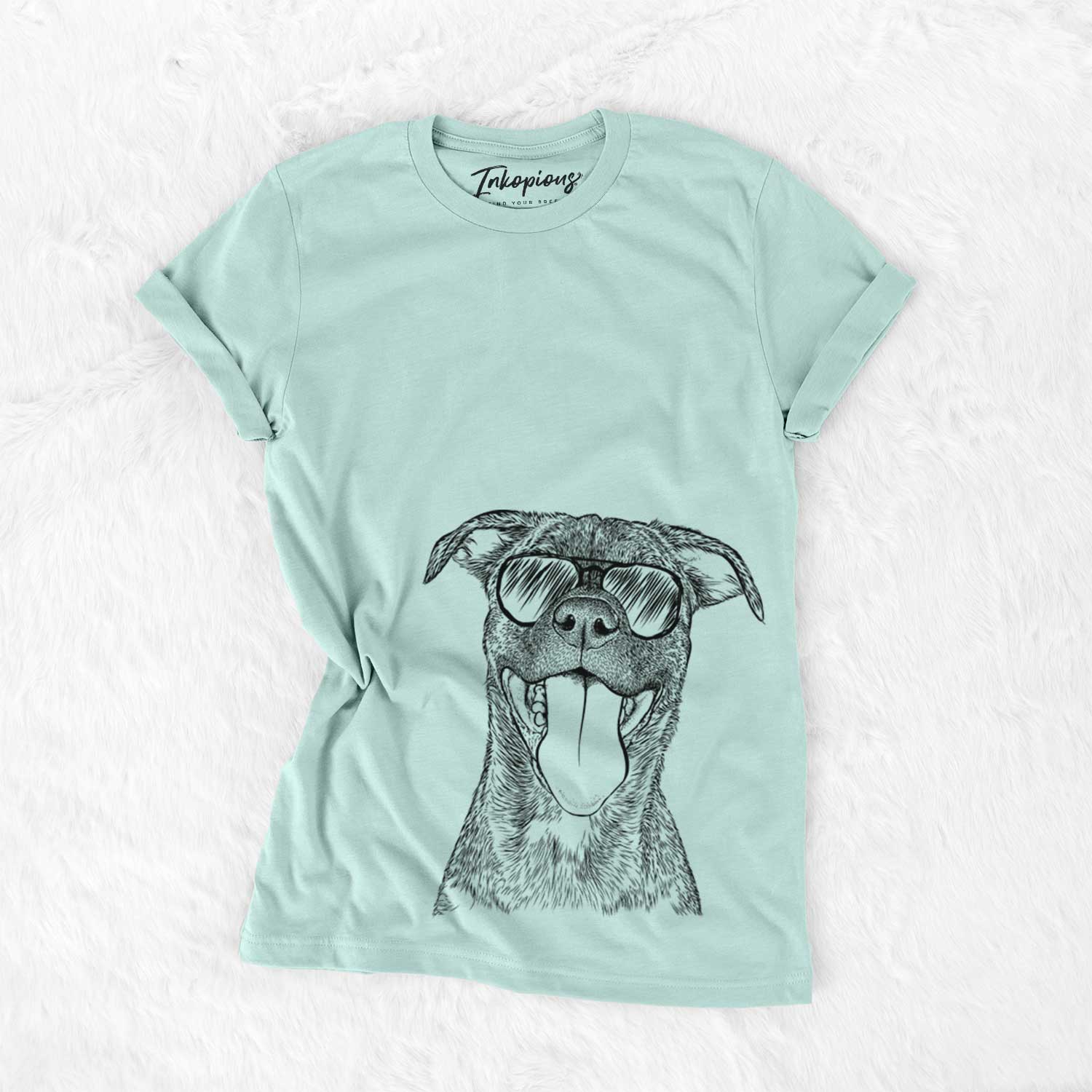 Hand-drawn sketch of Harley the Pitbull Mix wearing aviator sunglasses on a Heather Sage Unisex crewneck