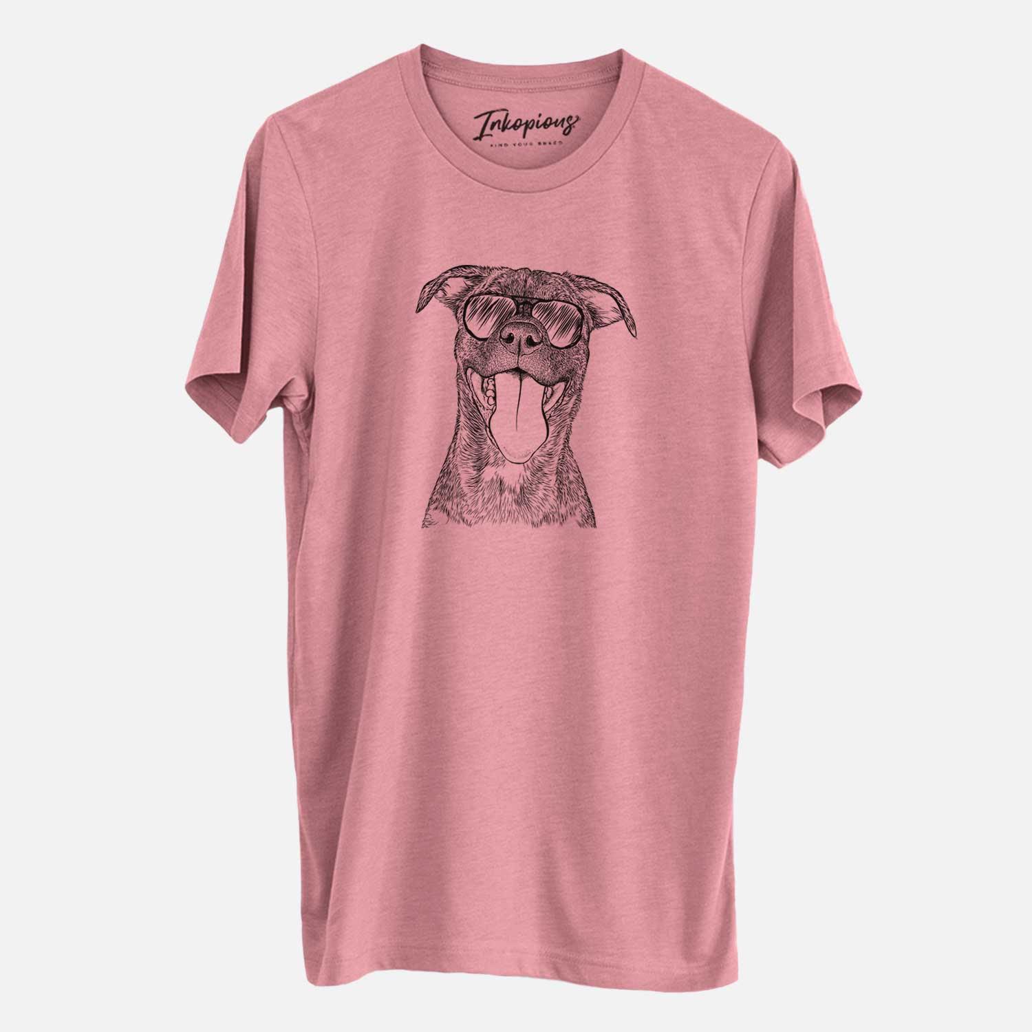Hand-drawn sketch of Harley the Pitbull Mix wearing aviator sunglasses on a Mauve Unisex crewneck
