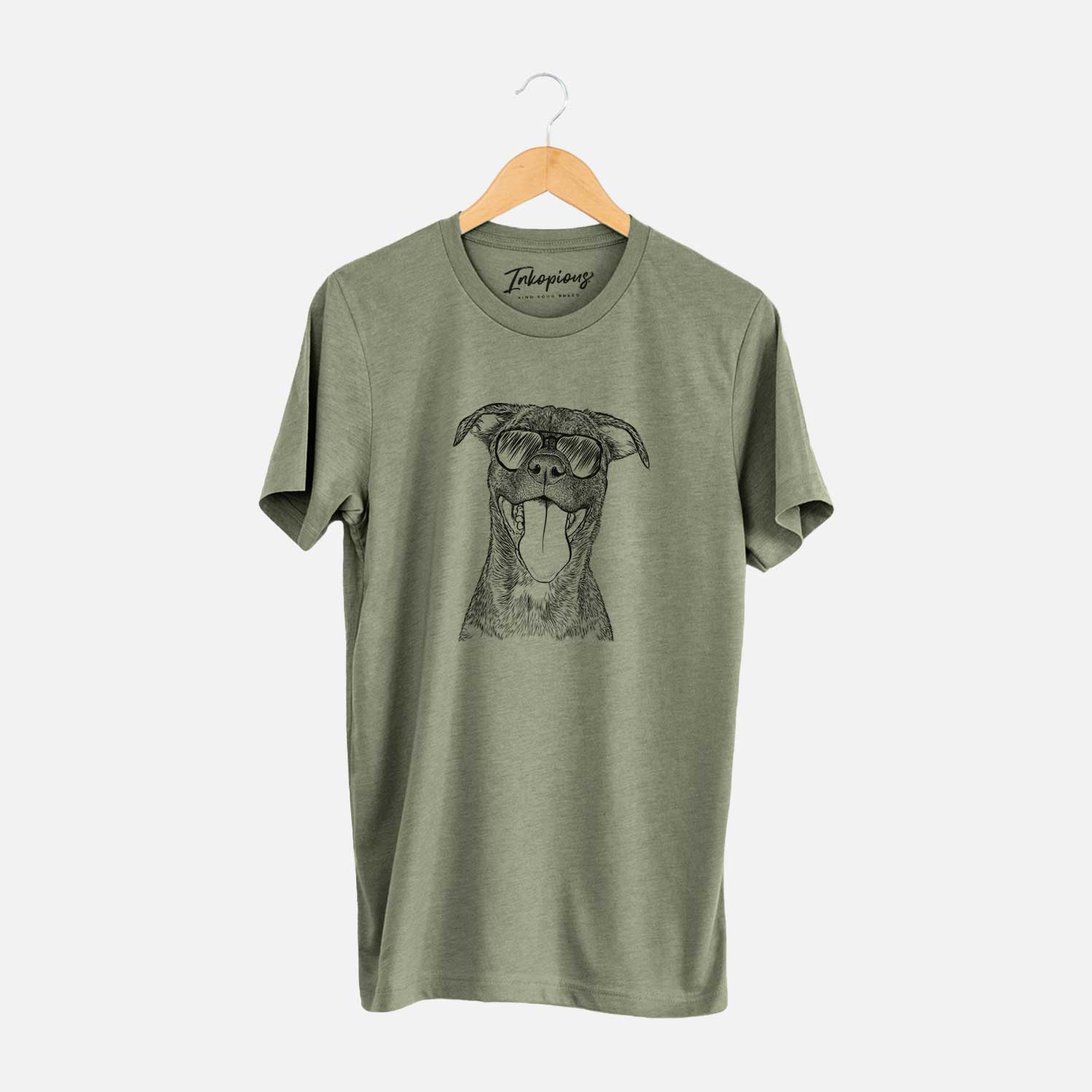 Hand-drawn sketch of Harley the Pitbull Mix wearing aviator sunglasses on an Olive Unisex crewneck