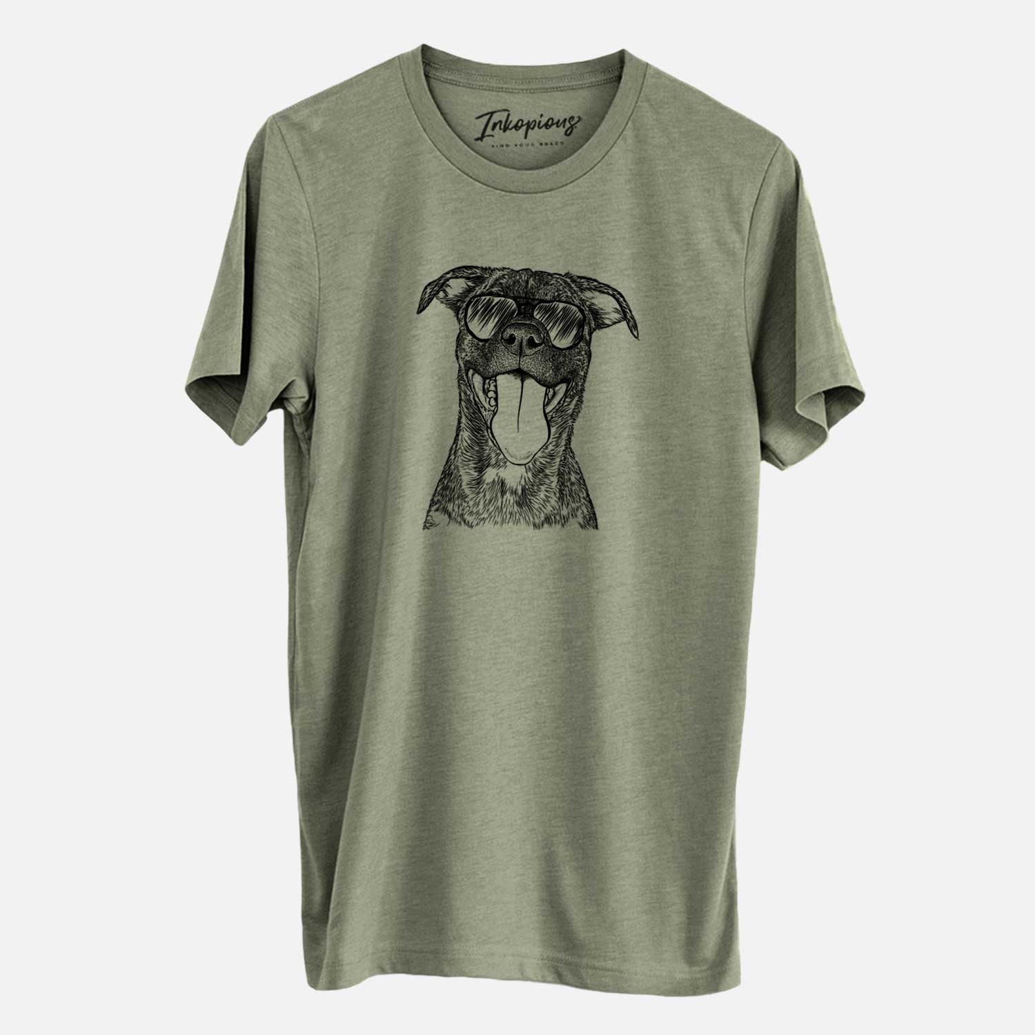 Hand-drawn sketch of Harley the Pitbull Mix wearing aviator sunglasses on an Olive Unisex crewneck