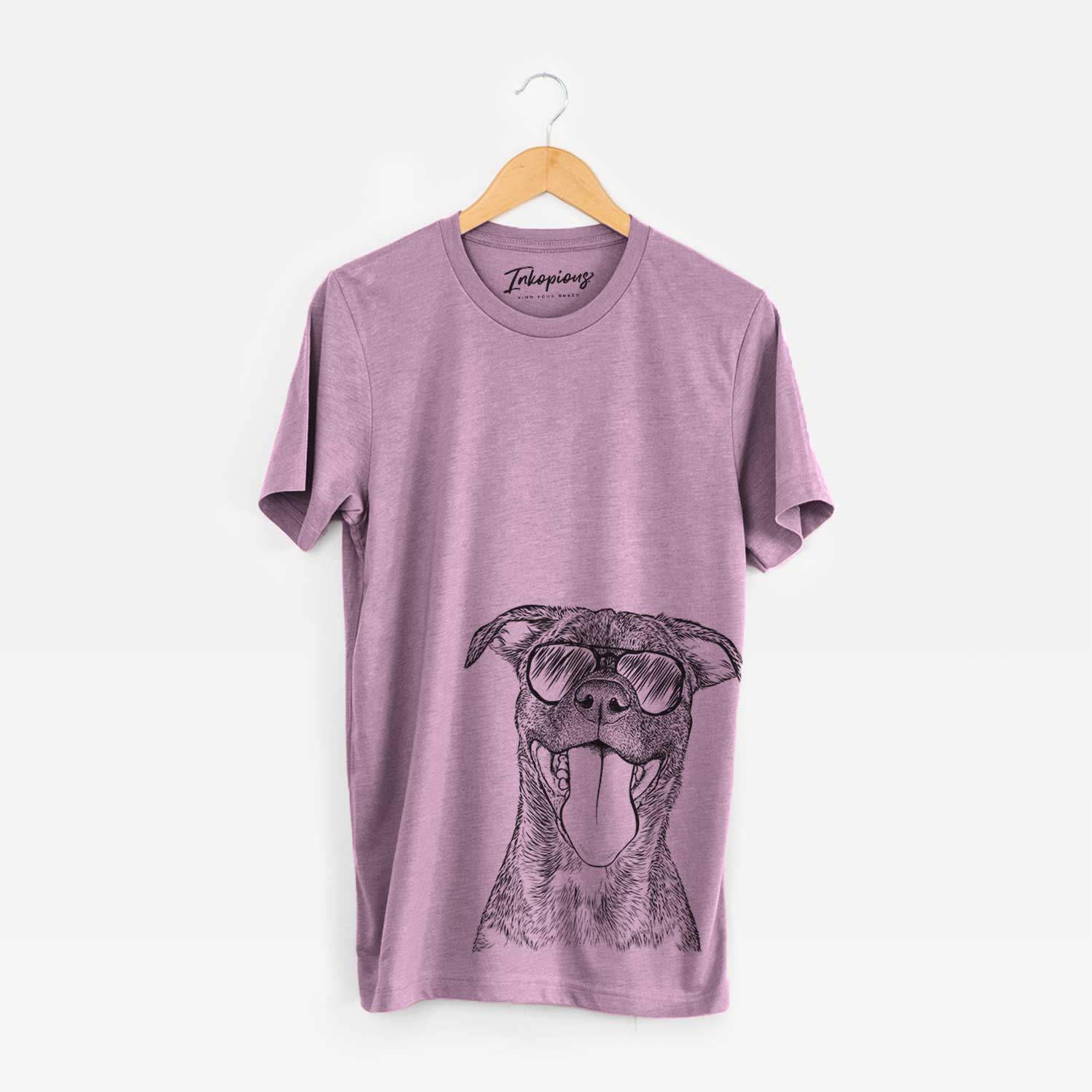 Hand-drawn sketch of Harley the Pitbull Mix wearing aviator sunglasses on an Orchid Bella Canvas Unisex Crewneck