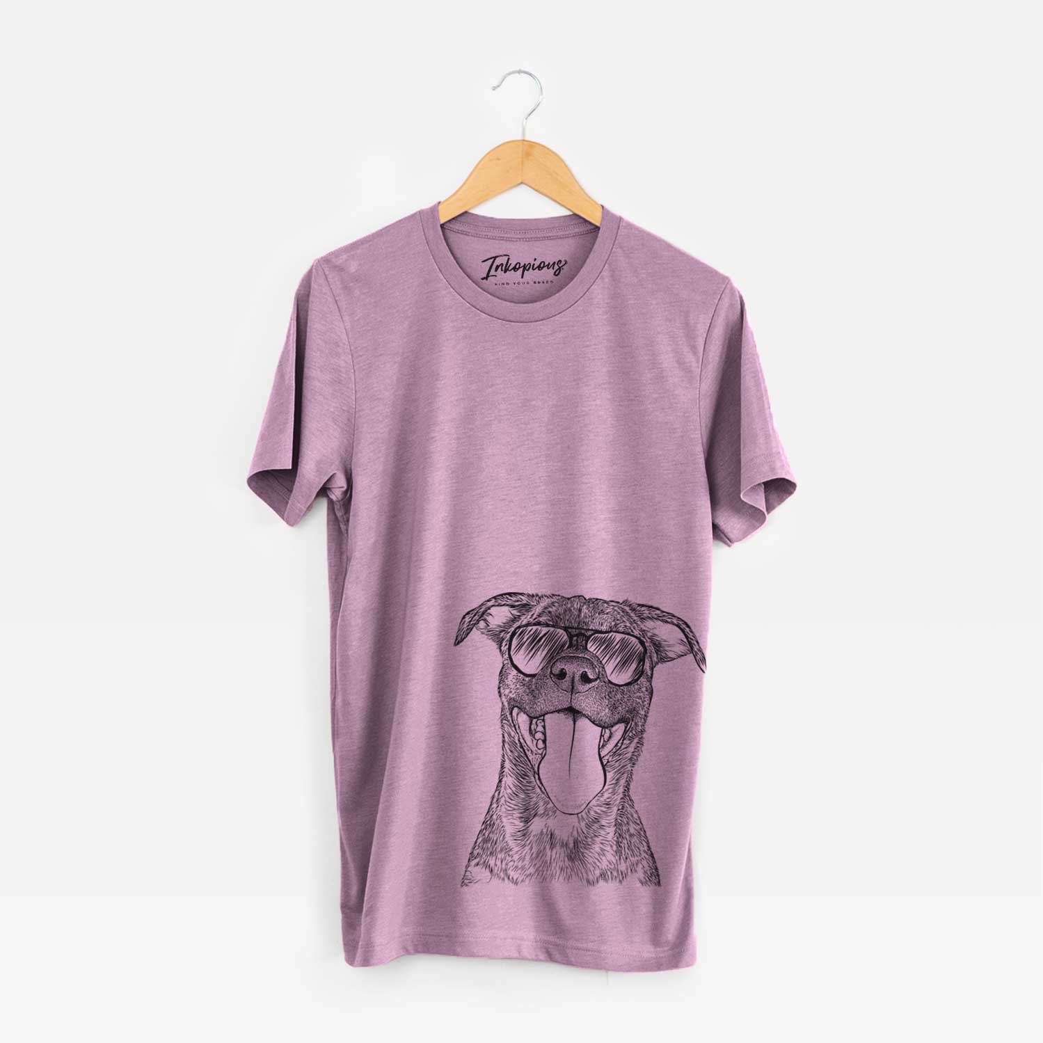 Hand-drawn sketch of Harley the Pitbull Mix wearing aviator sunglasses on an Orchid Unisex crewneck