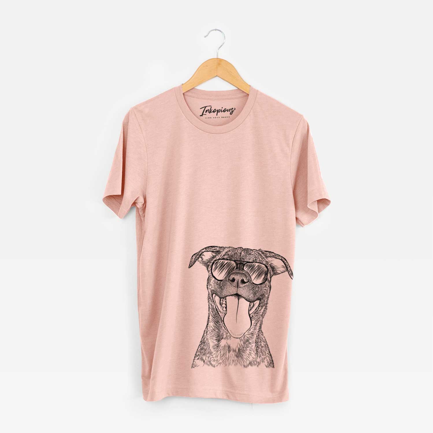 Hand-drawn sketch of Harley the Pitbull Mix wearing aviator sunglasses on a Peach Unisex crewneck