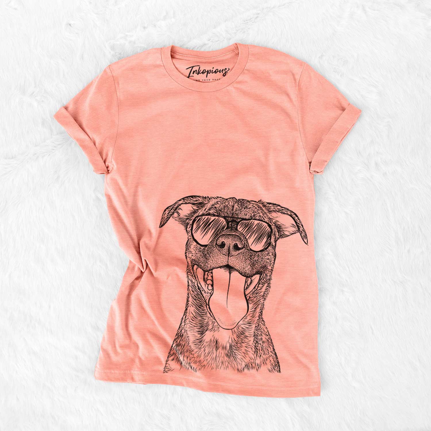 Hand-drawn sketch of Harley the Pitbull Mix wearing aviator sunglasses on a Sunset Bella Canvas Unisex Crewneck