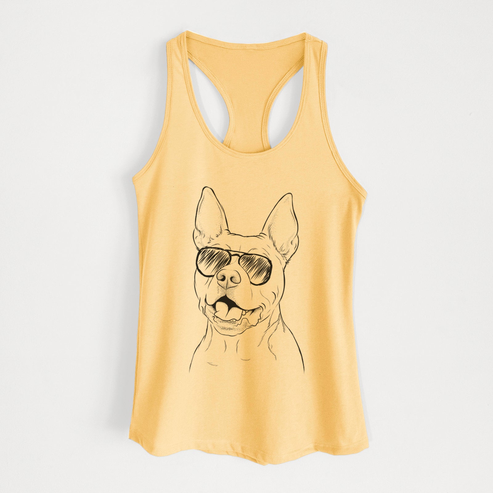 Hand-drawn sketch of Harley the Pitbull wearing aviator sunglasses on a Banana Cream Women's racerback tanktop