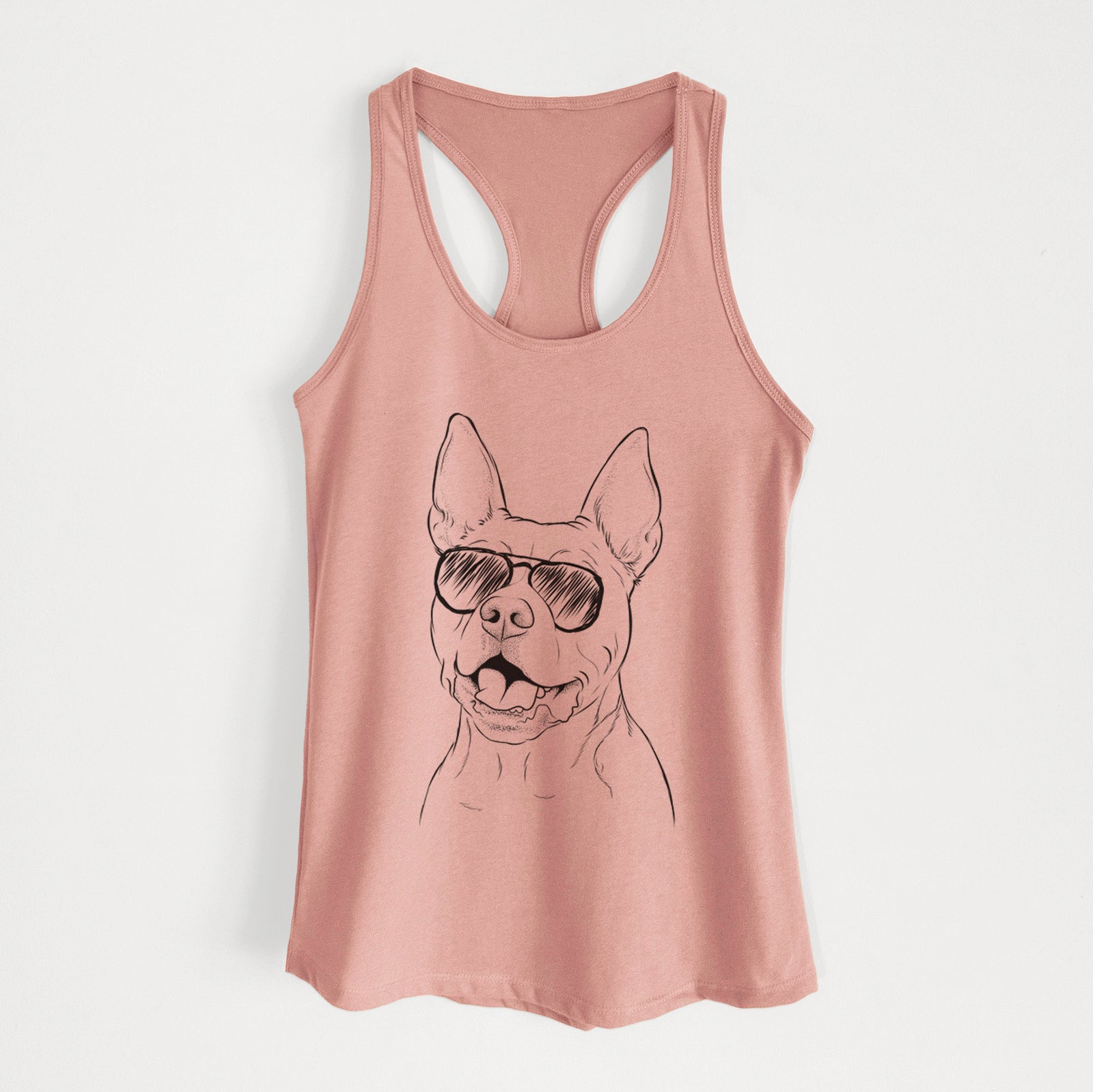 Hand-drawn sketch of Harley the Pitbull wearing aviator sunglasses on a Desert Pink Women's racerback tanktop