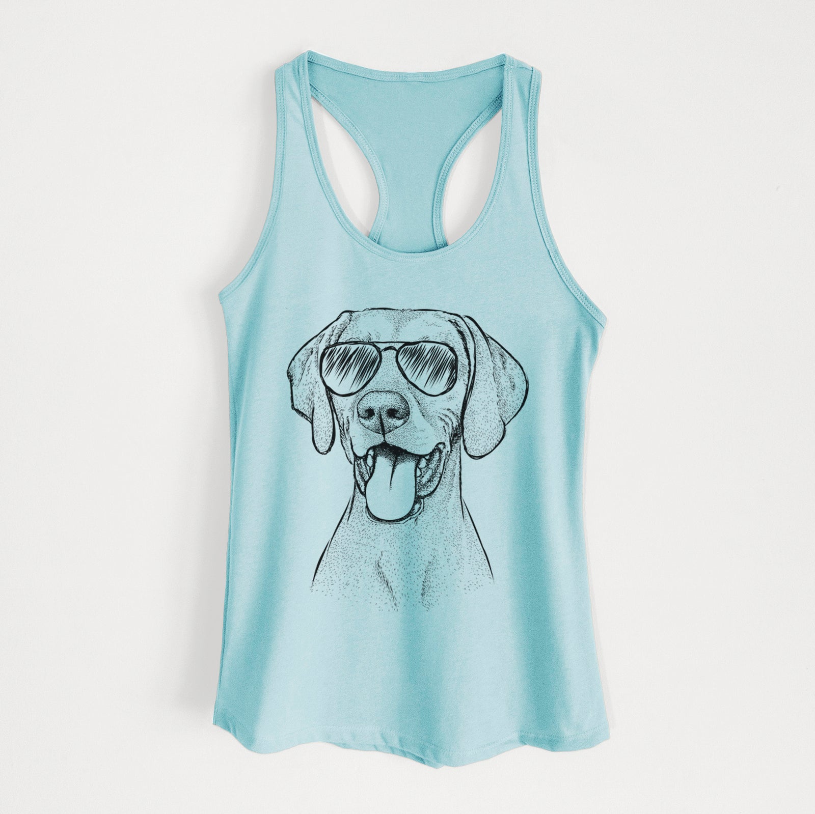 Hand-drawn sketch of Harper the Vizsla wearing aviator sunglasses on a Cancun Blue Women's racerback tanktop