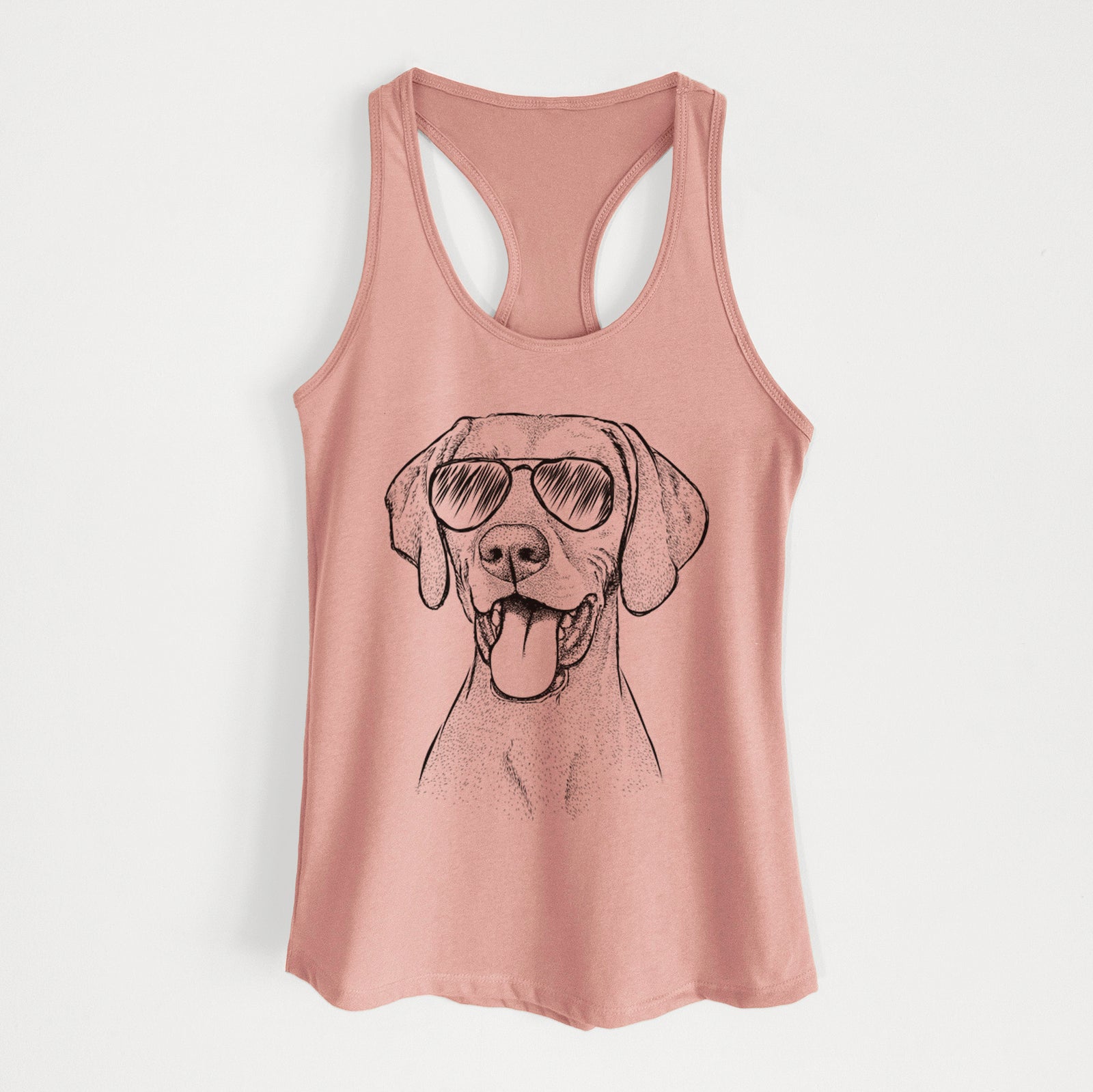 Hand-drawn sketch of Harper the Vizsla wearing aviator sunglasses on a Desert Pink Women's racerback tanktop