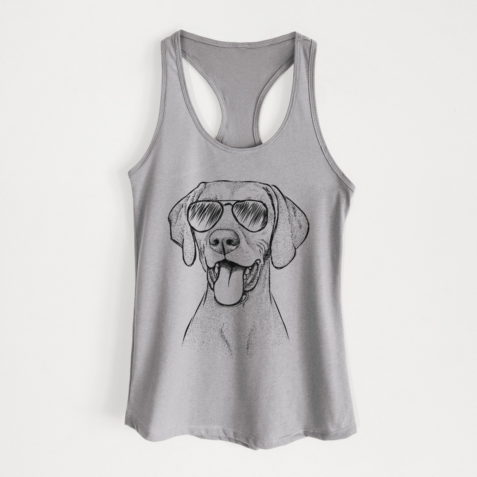 Hand-drawn sketch of Harper the Vizsla wearing aviator sunglasses on a Heather Grey Women's racerback tanktop