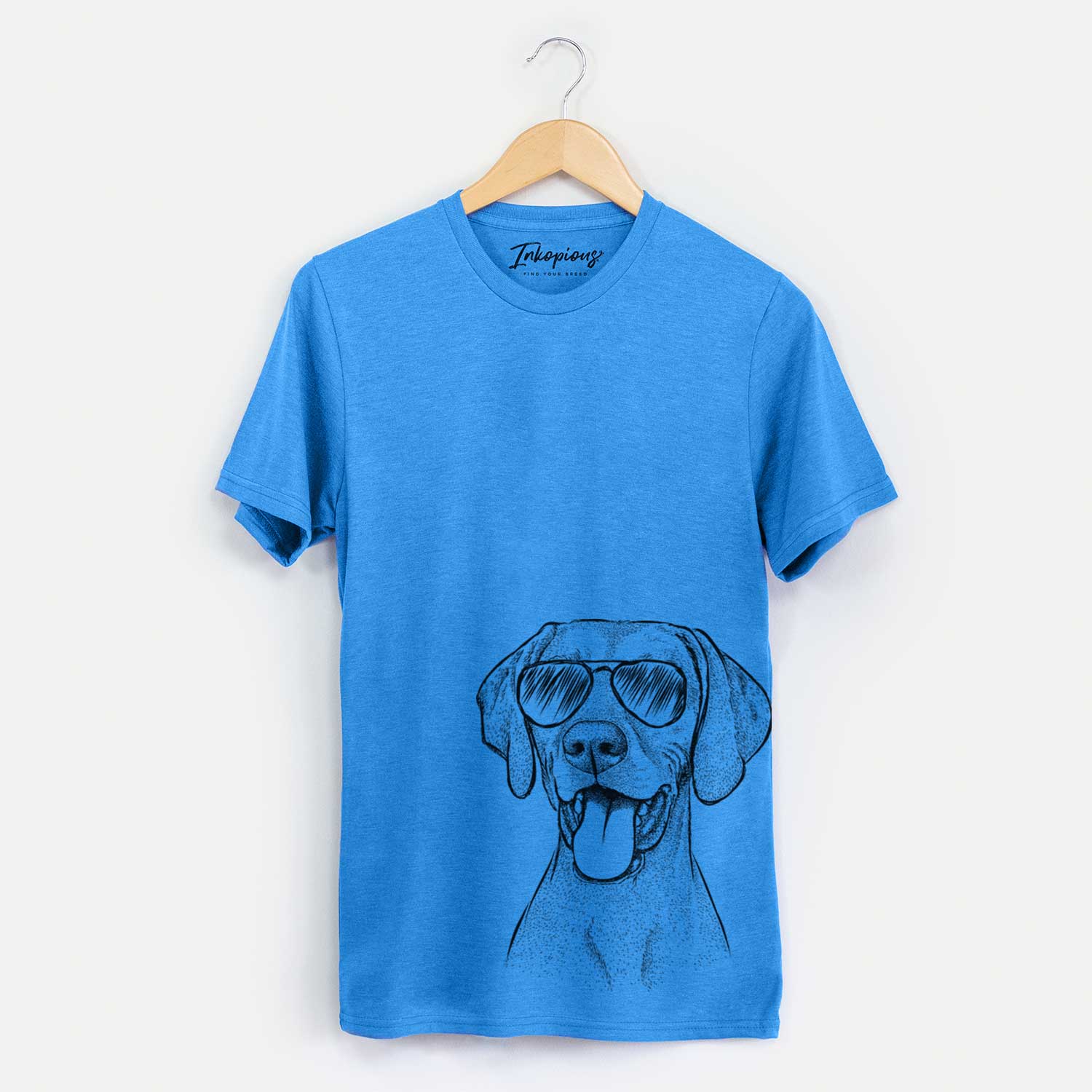 Hand-drawn sketch of Harper the Vizsla wearing aviator sunglasses on a Blue Unisex crewneck