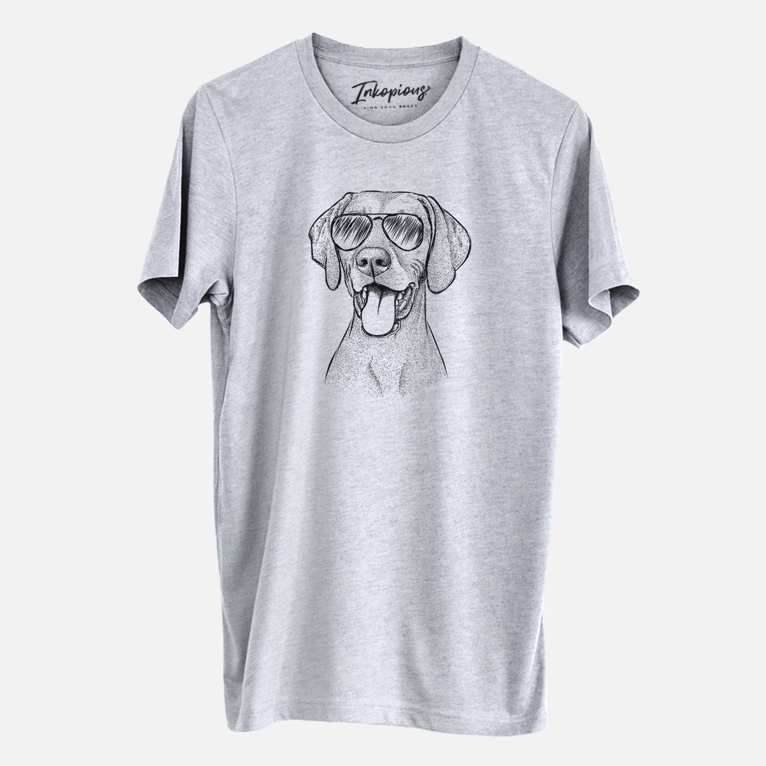 Hand-drawn sketch of Harper the Vizsla wearing aviator sunglasses on a Grey Unisex crewneck