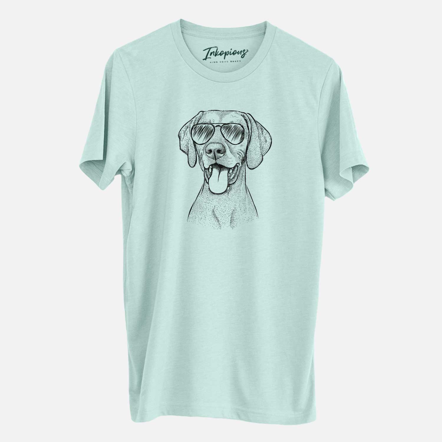 Hand-drawn sketch of Harper the Vizsla wearing aviator sunglasses on a Heather Sage Unisex crewneck