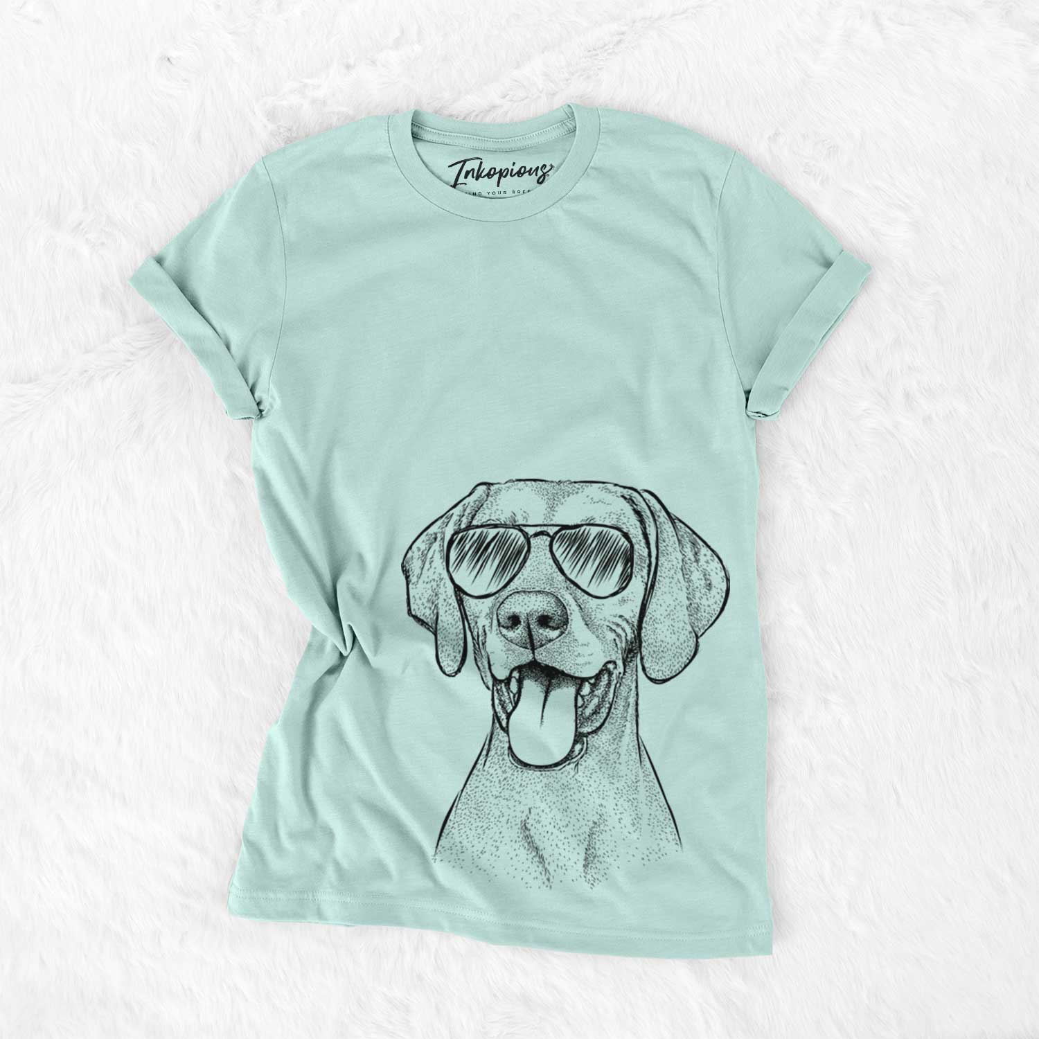 Hand-drawn sketch of Harper the Vizsla wearing aviator sunglasses on a Heather Sage Unisex crewneck