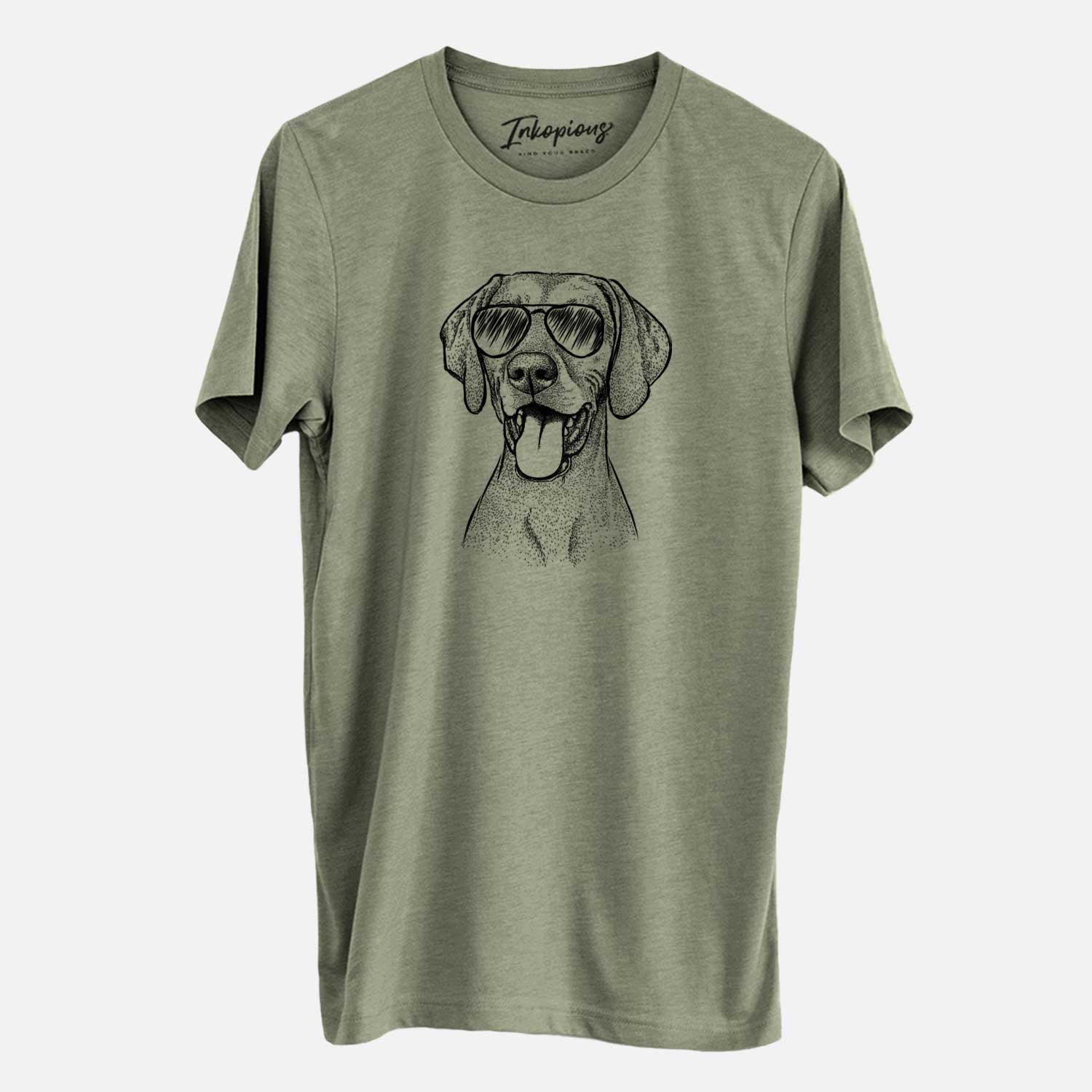 Hand-drawn sketch of Harper the Vizsla wearing aviator sunglasses on an Olive Unisex crewneck