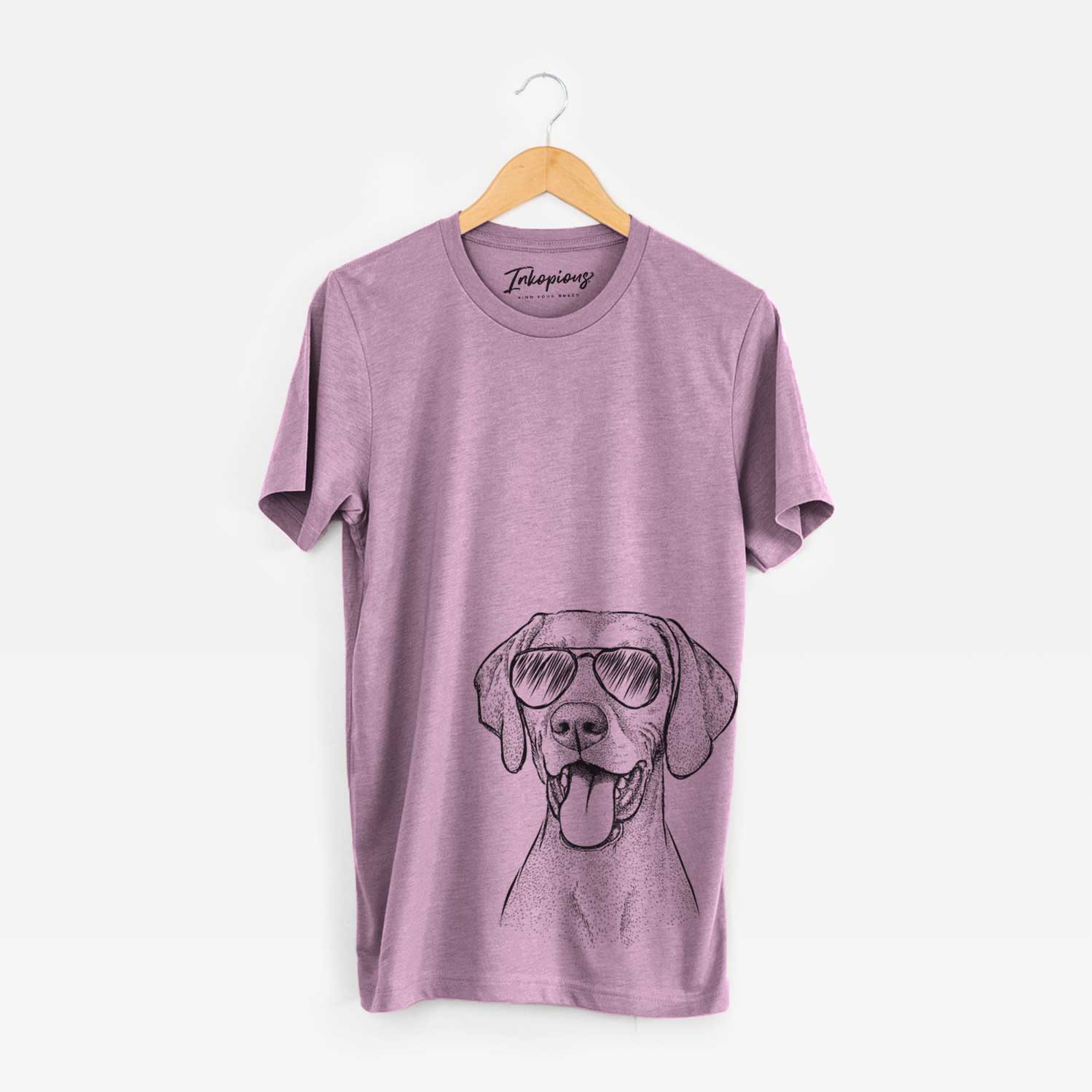 Hand-drawn sketch of Harper the Vizsla wearing aviator sunglasses on an Orchid Unisex crewneck