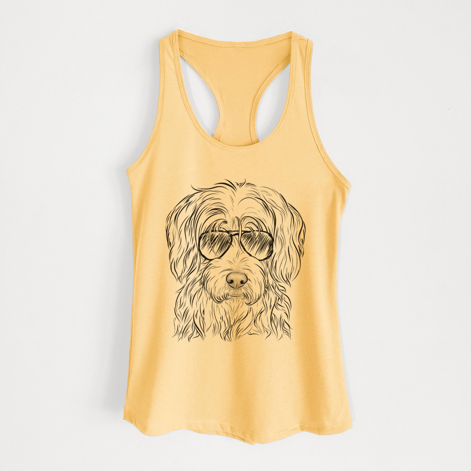 Hand-drawn sketch of Harry the Mixed Breed wearing aviator sunglasses on a Banana Cream Women's racerback tanktop